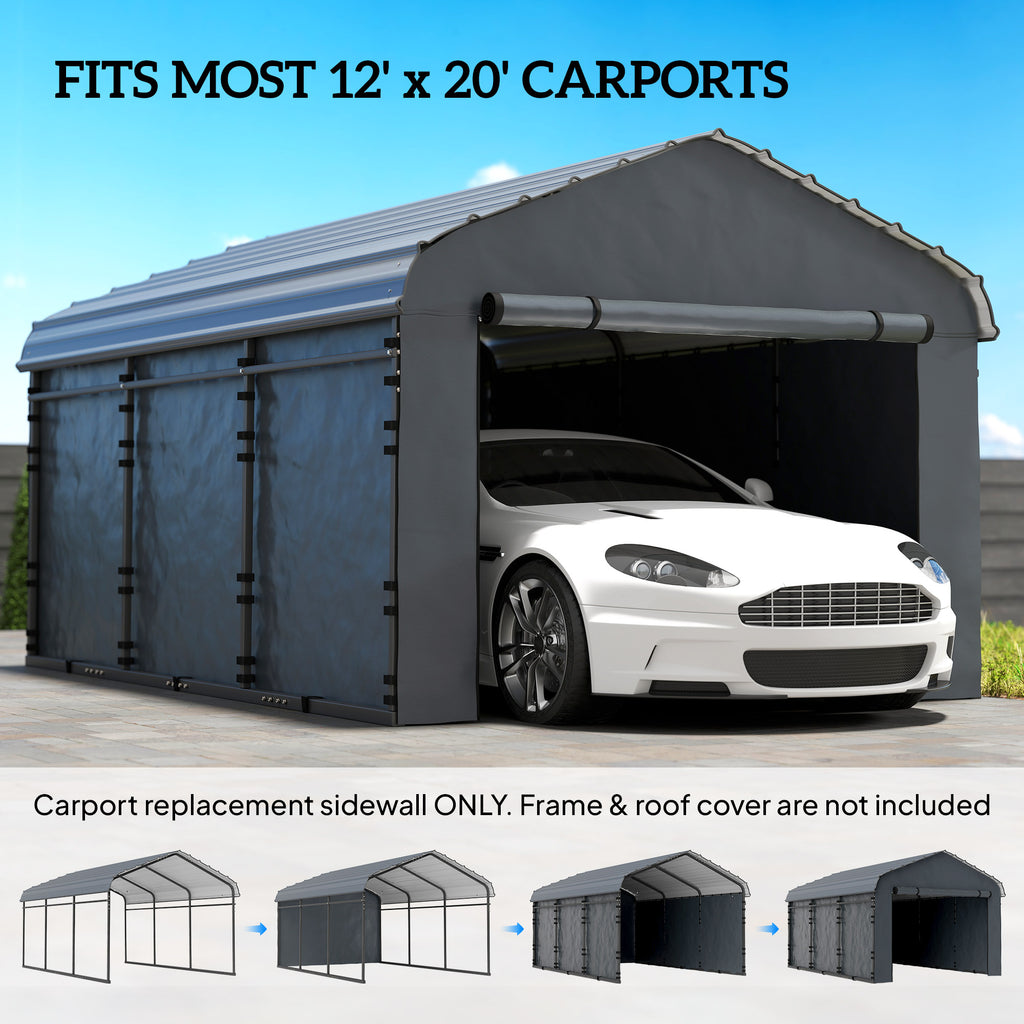 Carport Replacement Canopy Cover Sidewalls for 12' x 20' Carport, UPF50+ Waterproof Garage Car Shelter Tarp, Dark Grey