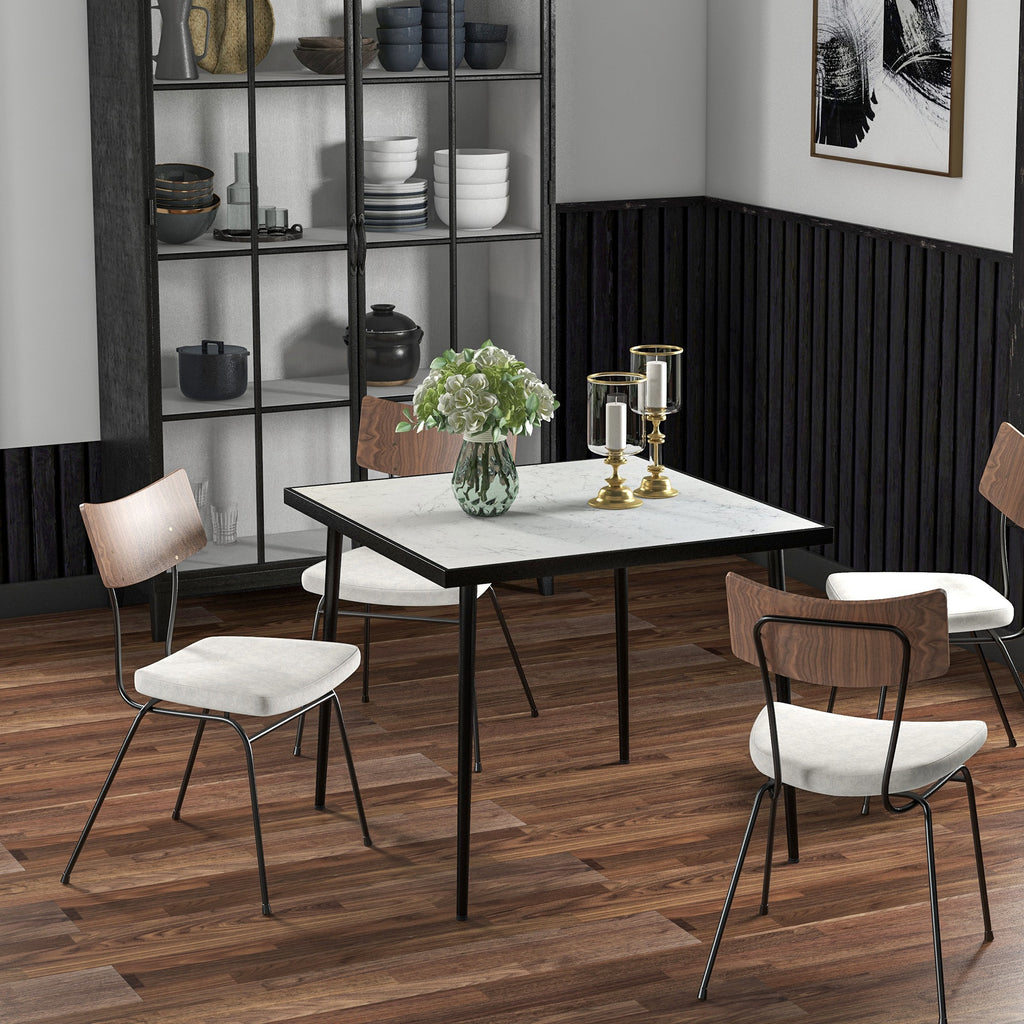 Outdoor Dining Table for 4, Square Patio Dining Table with Marble Effect Tempered Glass Top and Steel Frame, White