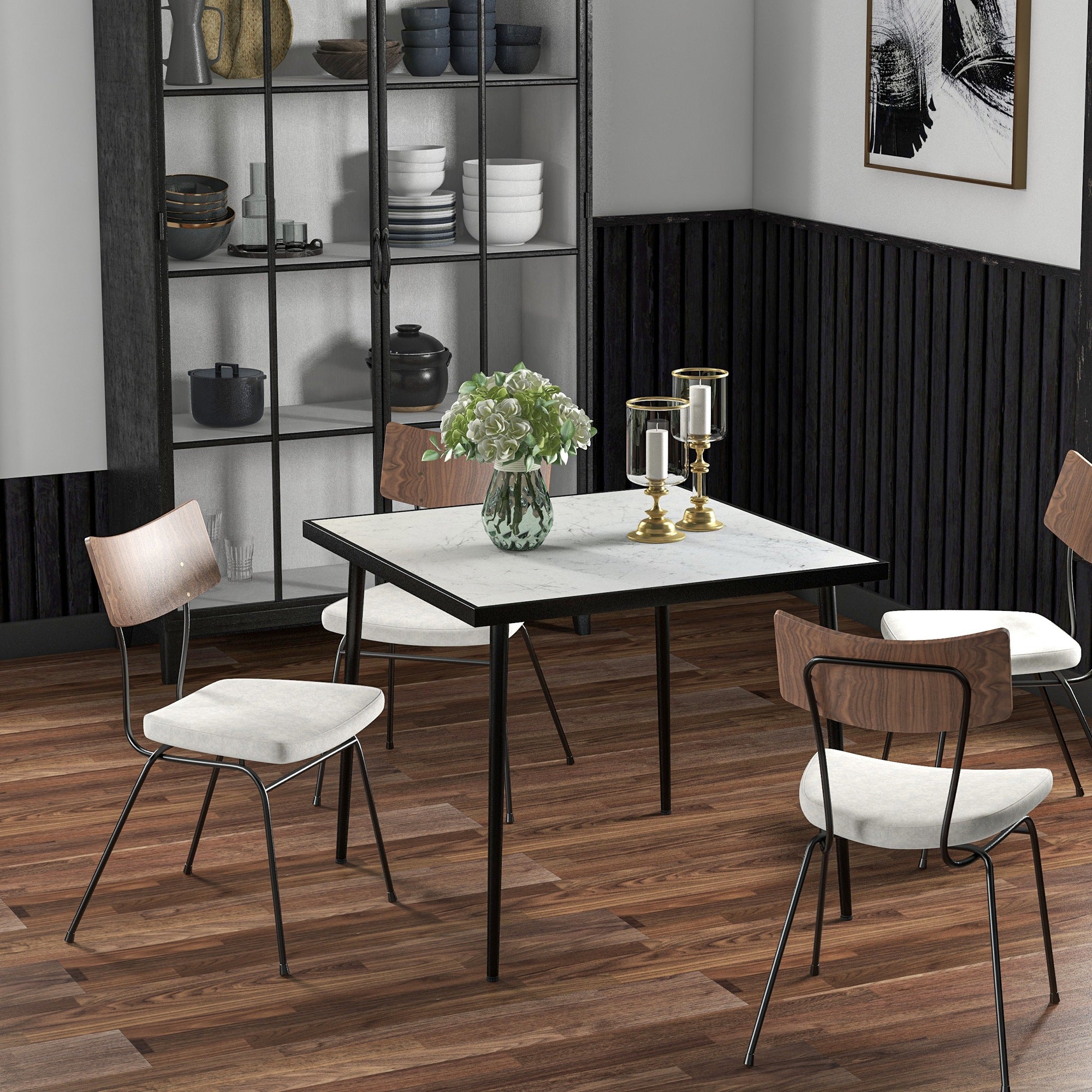 Outdoor Dining Table for 4, Square Patio Dining Table with Marble Effect Tempered Glass Top and Steel Frame, White