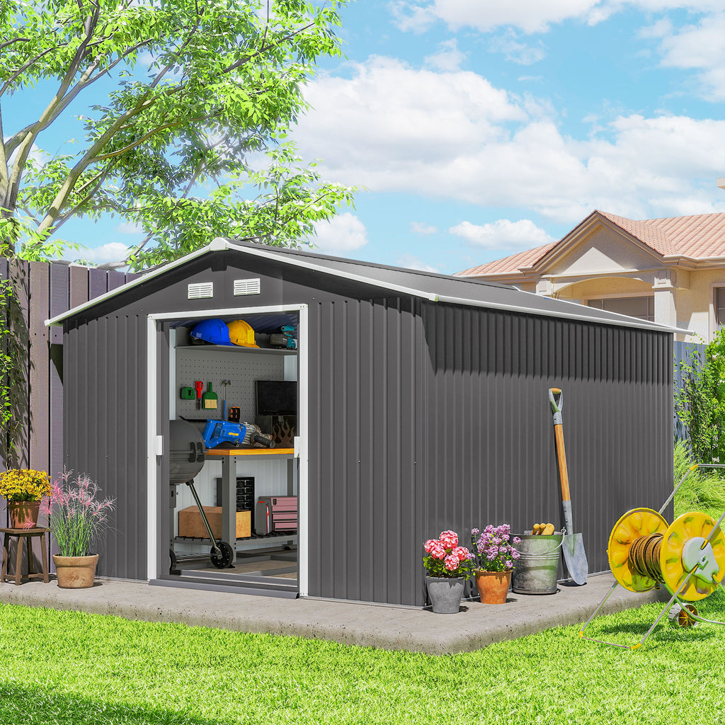 9' x 10.6' Garden Storage Shed w/ Foundation Kit Metal Tool Storage House w/ Double Doors Light Grey