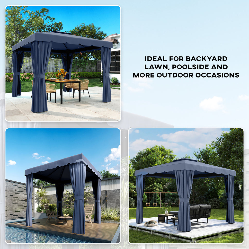 10' x 10' Outdoor Patio Gazebo Double Soft-top Garden Shelter Tent with Curtains, Mesh Screen Drapes, Dark Blue