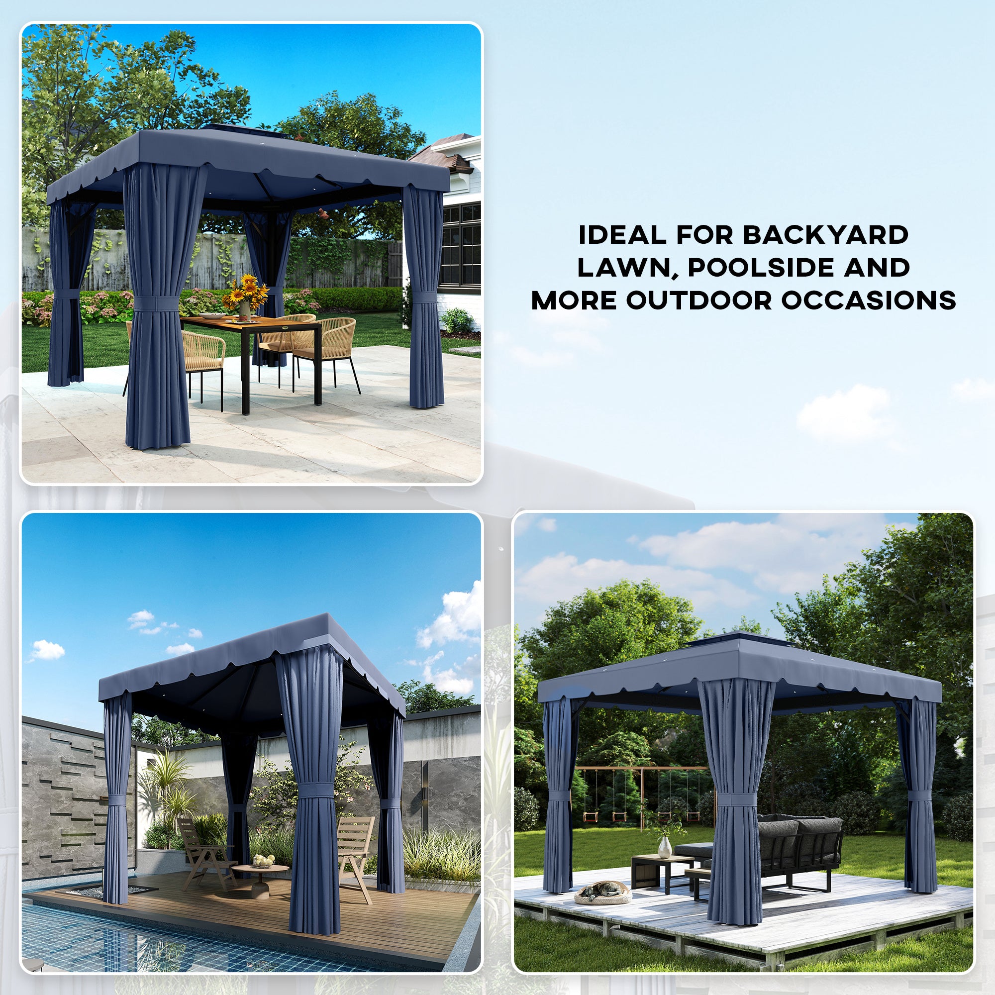 10' x 10' Outdoor Patio Gazebo Double Soft-top Garden Shelter Tent with Curtains, Mesh Screen Drapes, Dark Blue