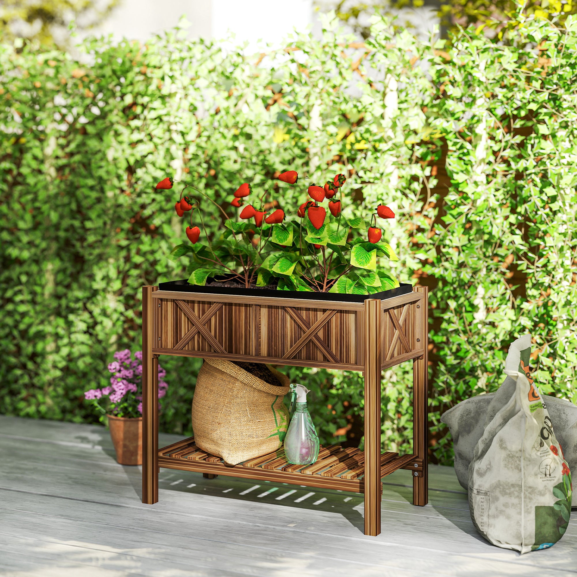 Wooden Raised Garden Bed, Elevated Planter Box with Storage Shelf, Drainage Holes and Liner, 34"x18"x30", Carbonized