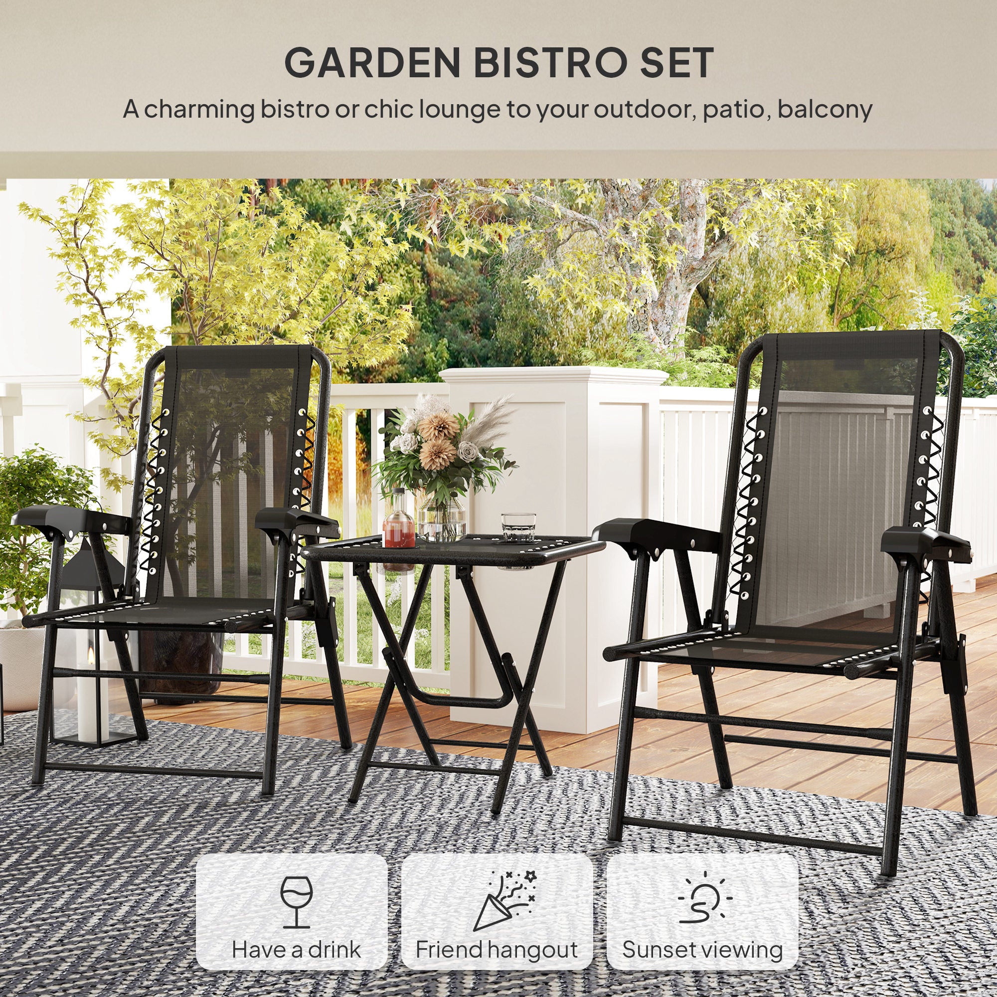 3 Pieces Patio Bistro Set, Outdoor Folding Table and Chairs Set, Metal Patio Furniture Set with Cup Holders