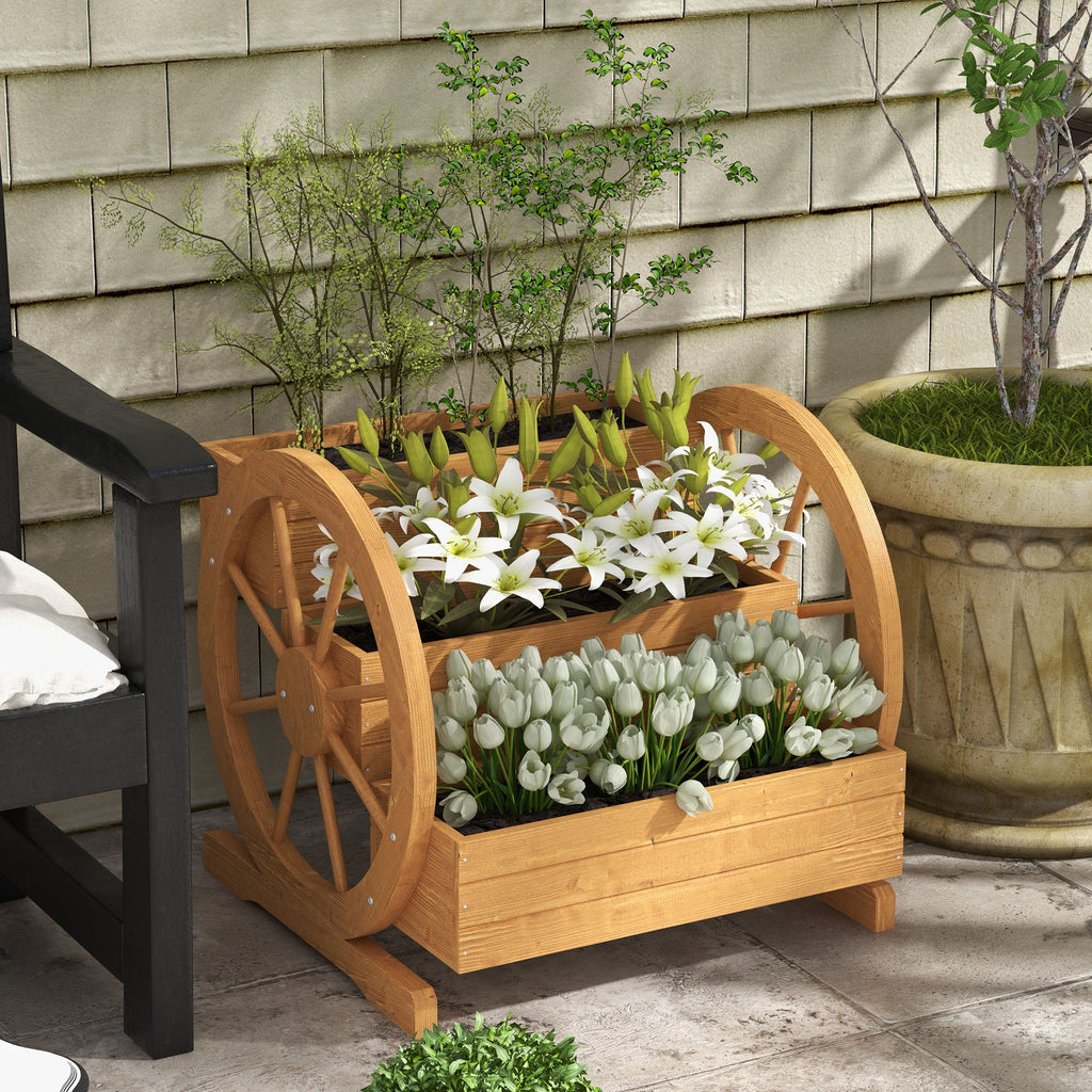Wooden Wagon Planter Box, 3-Tier Raised Garden Bed, for Vegetables Flowers Herbs, 24" x 24" x 22"