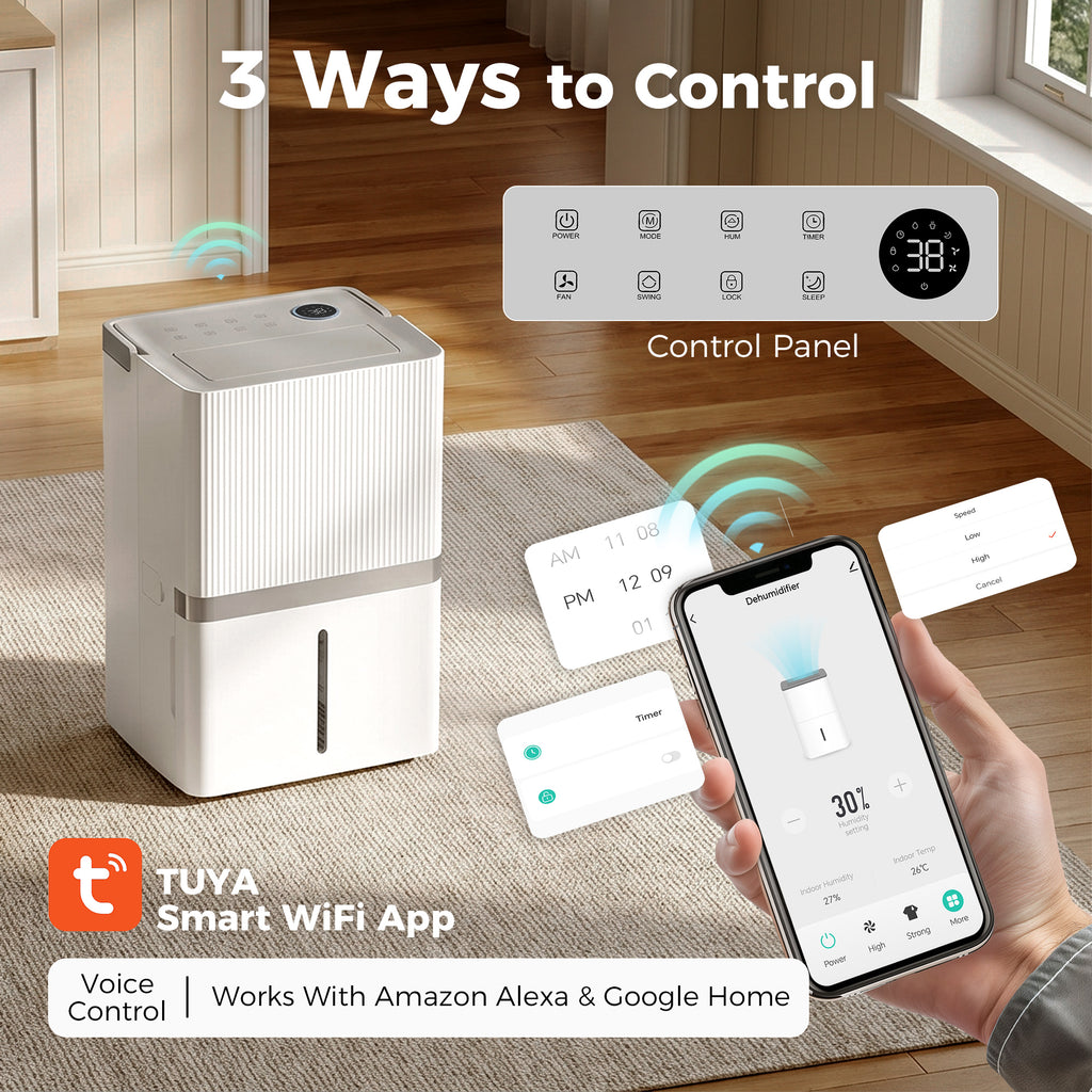 100 Pint Smart Dehumidifier, 5,200 Sq. Ft., WiFi Large Dehumidifier with App, Alexa, Google Voice Control, Drain Hose