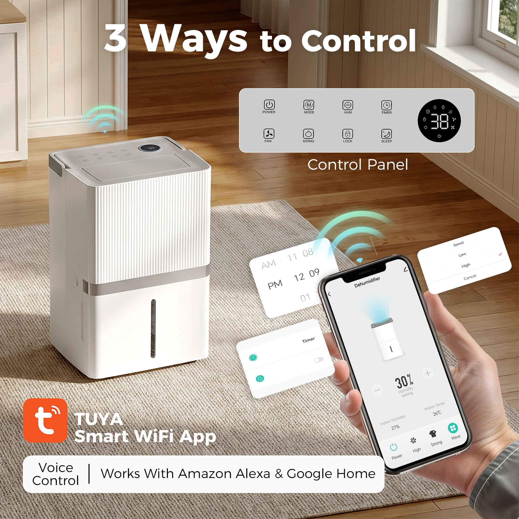 100 Pint Smart Dehumidifier, 5,200 Sq. Ft., WiFi Large Dehumidifier with App, Alexa, Google Voice Control, Drain Hose