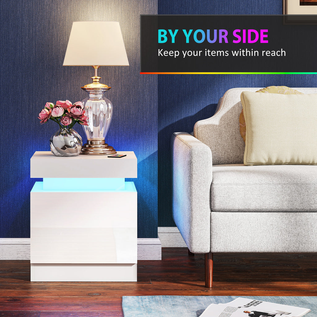Nightstand Set of 2, End Side Tables with LED Lights, Bedside Tables with 2 Drawers, for Bedroom, White