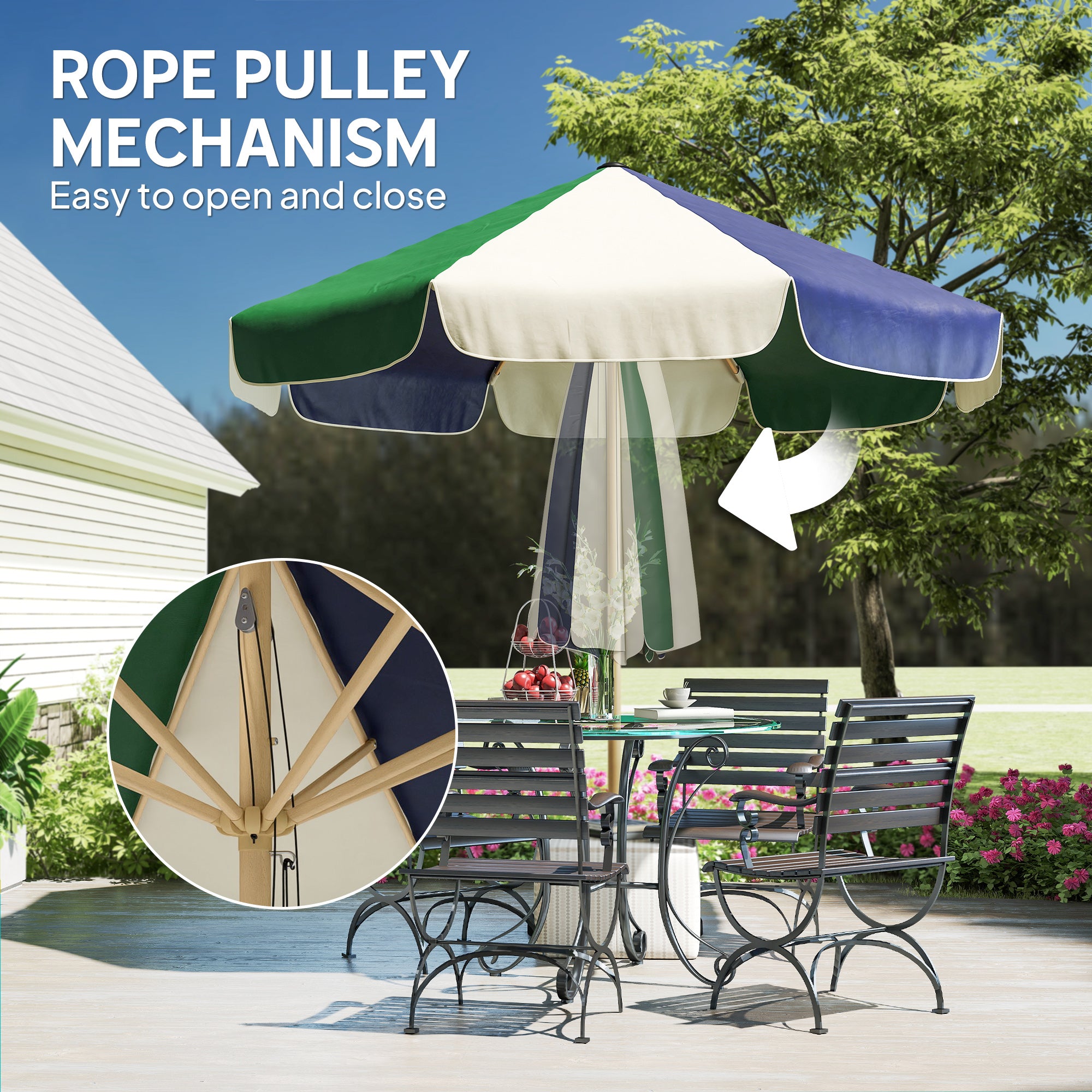 7.4 ft Patio Umbrella with Wood-Effect Frame, Colour-Blocked UPF 30+ Outdoor Market Table Umbrella Parasol, Dark Green