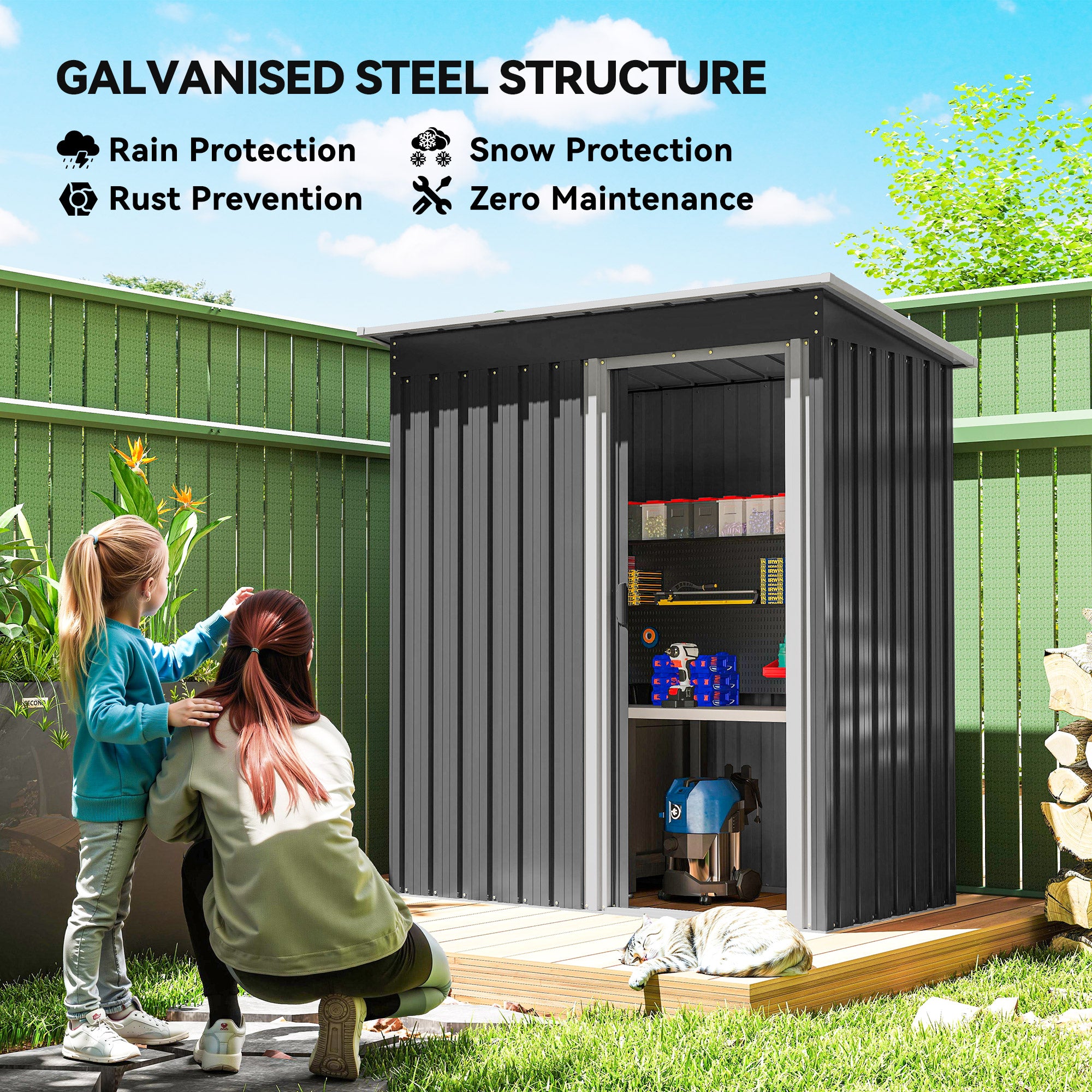 5 x 3 FT Outdoor Storage Shed with Sliding Door and Sloped Roof, Steel Frame Garden Shed Tool Equipment, Black