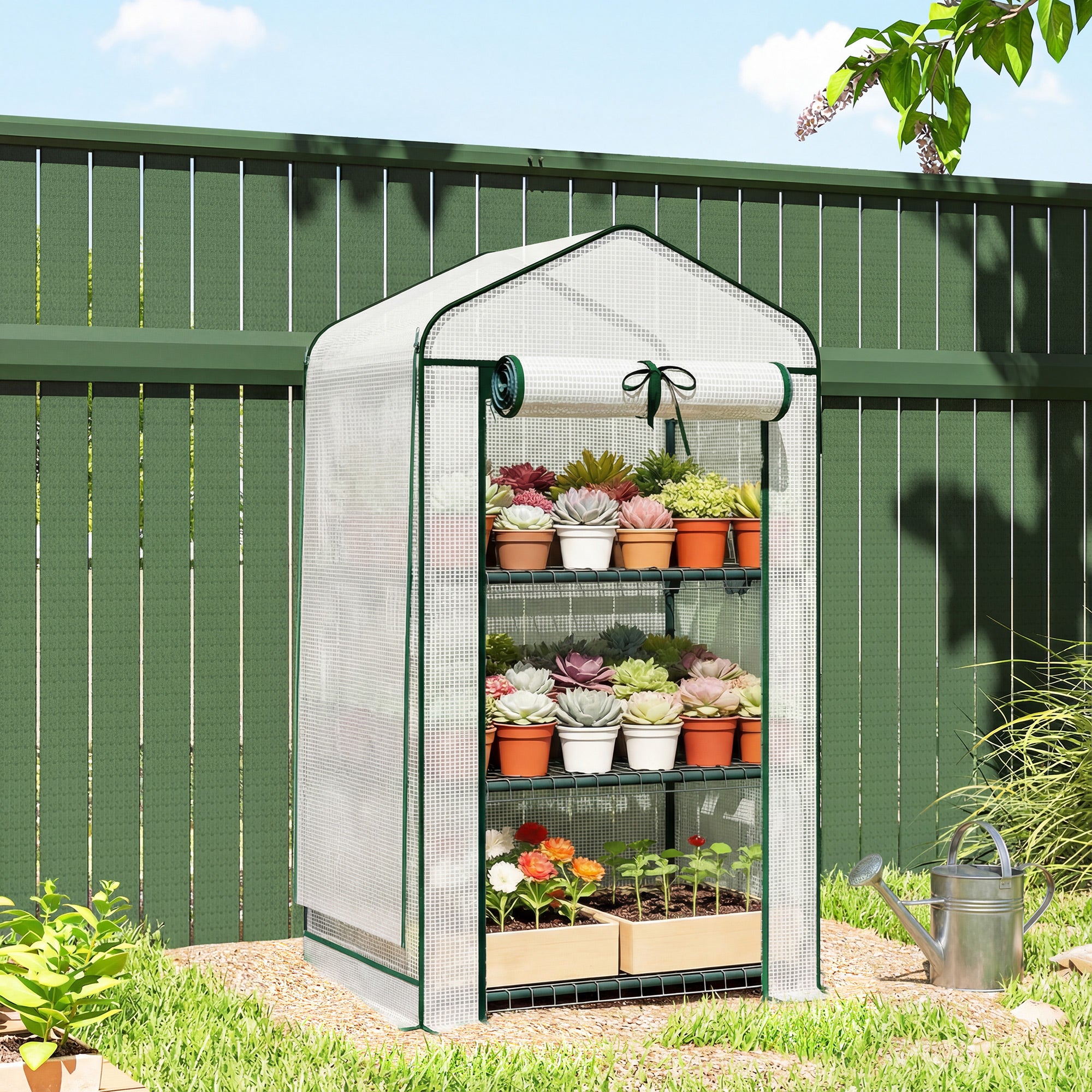 Mini Greenhouse with Screen Roof, Portable Small Greenhouse with Roll-Up Zipper Door, 27.6" x 19.7" x 50", White