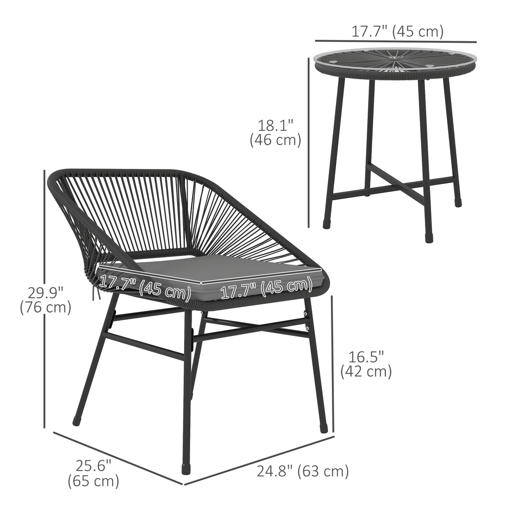 3 Piece Bistro Set, Wicker Outdoor Patio Furniture Set with Glass Top Table, Cushions for Balcony, Porch, Black