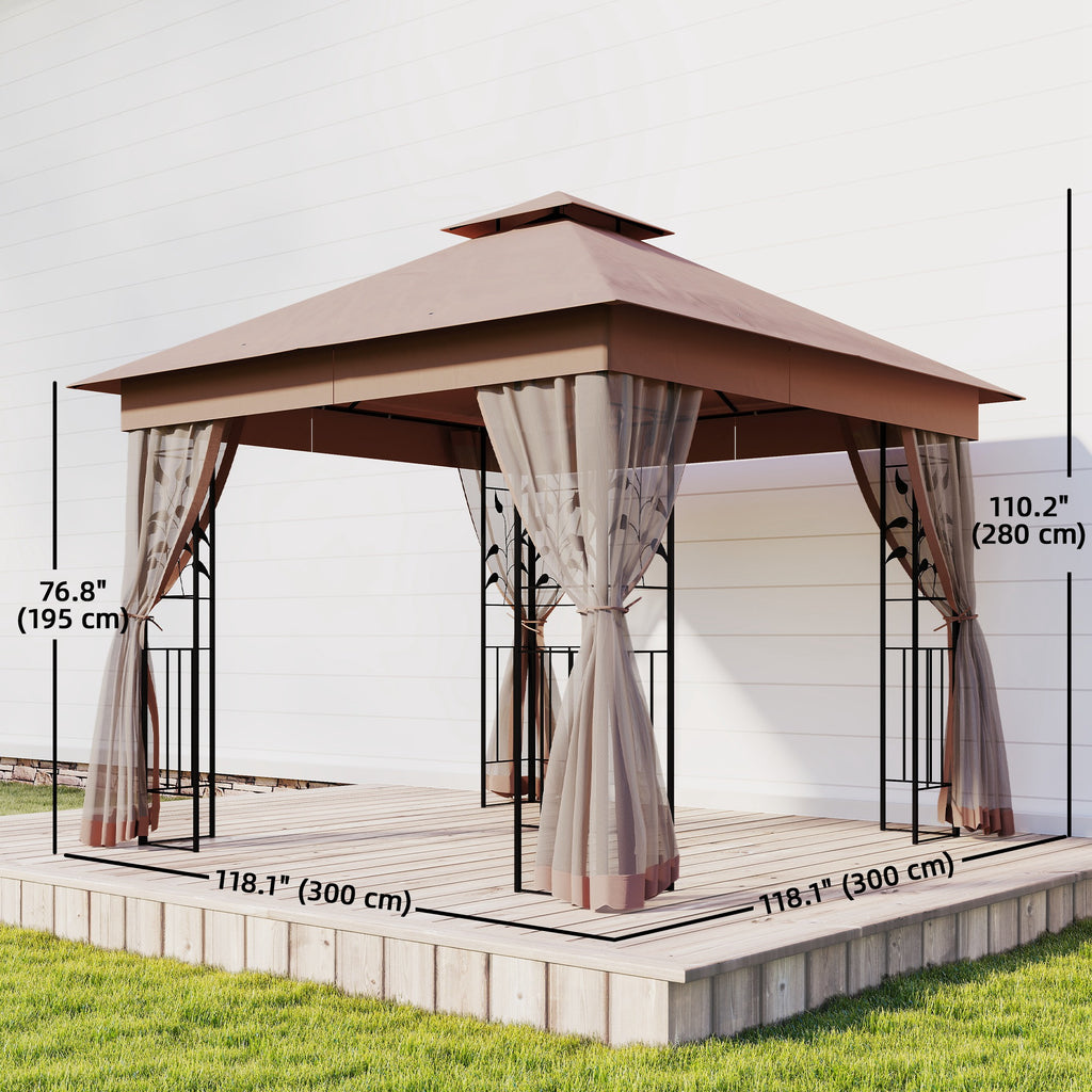 10'x10' Soft-top Patio Gazebo Outdoor Sun Shelter with 2-Tier Polyester Roof, Curtain Sidewalls, Dark Brown