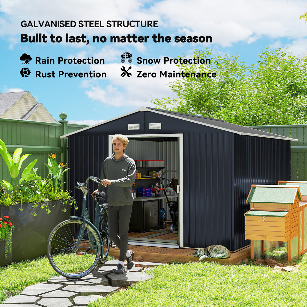 11' x 9' Metal Storage Shed Garden Tool House with Double Sliding Doors, 4 Air Vents for Backyard, Patio, Lawn Dark Grey