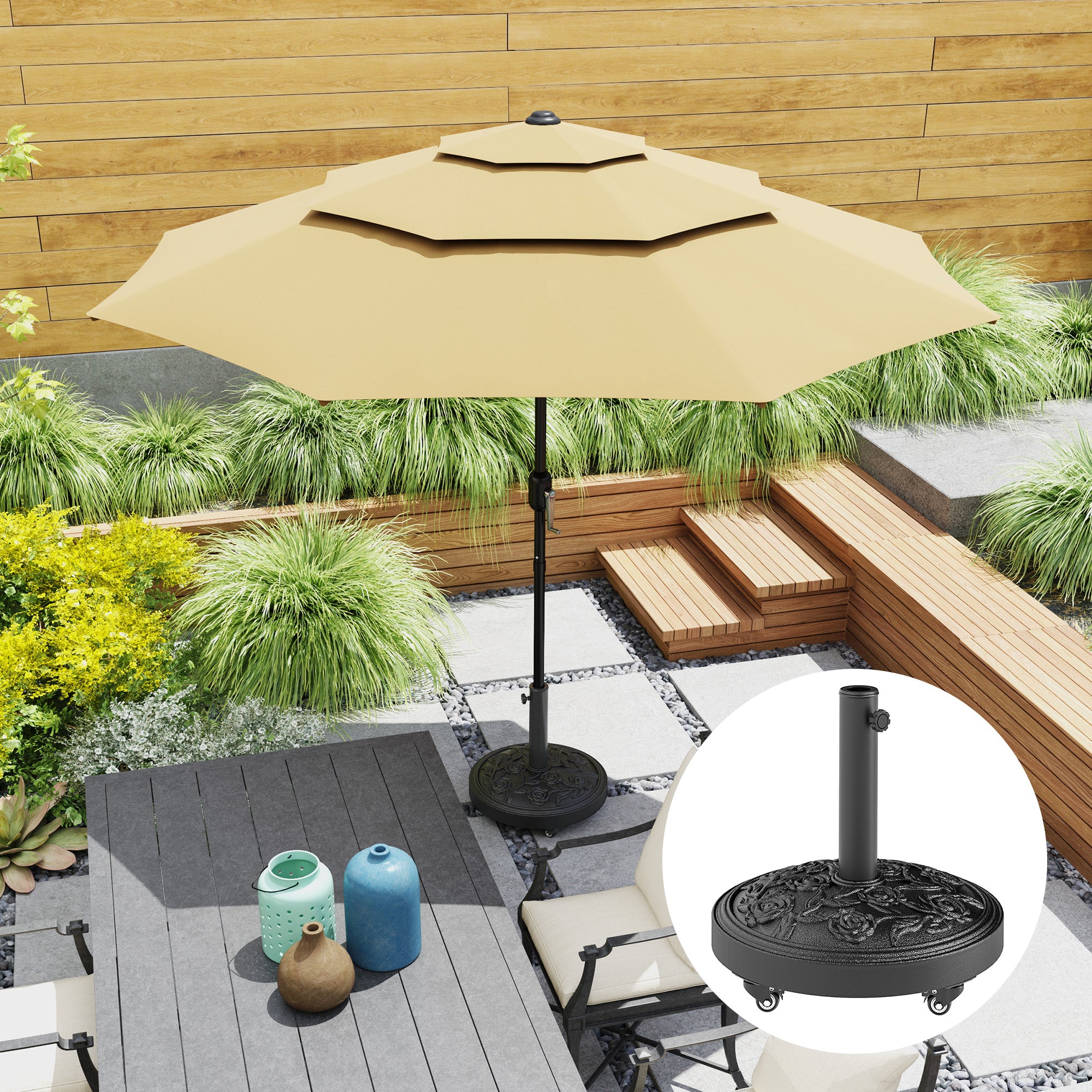 46 lbs Resin Round Patio Umbrella Base, Umbrella Stand with Wheels, Outdoor Umbrella Stand, Black