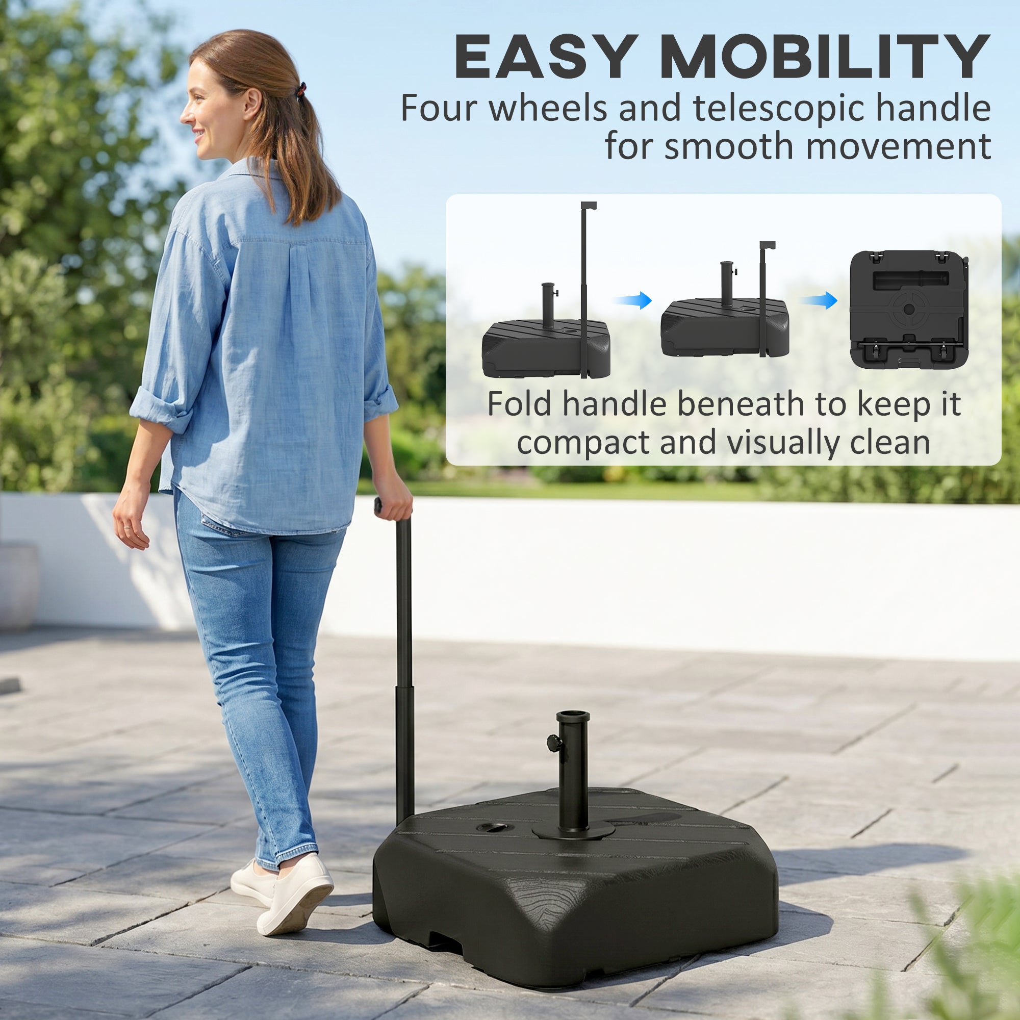 Patio Umbrella Base with Wheels, Telescopic Handle, 158 lb Sand/99 lb Water Filled Outdoor Patio Umbrella Stand, Black