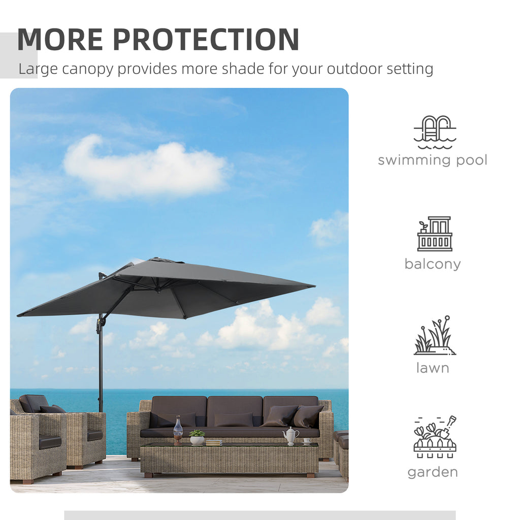 9ft Cantilever Patio Umbrella, Square Overhanging Umbrella with Cross Base, Crank Handle, Tilt, 360Â° Rotation and Aluminum Frame, Dark Grey