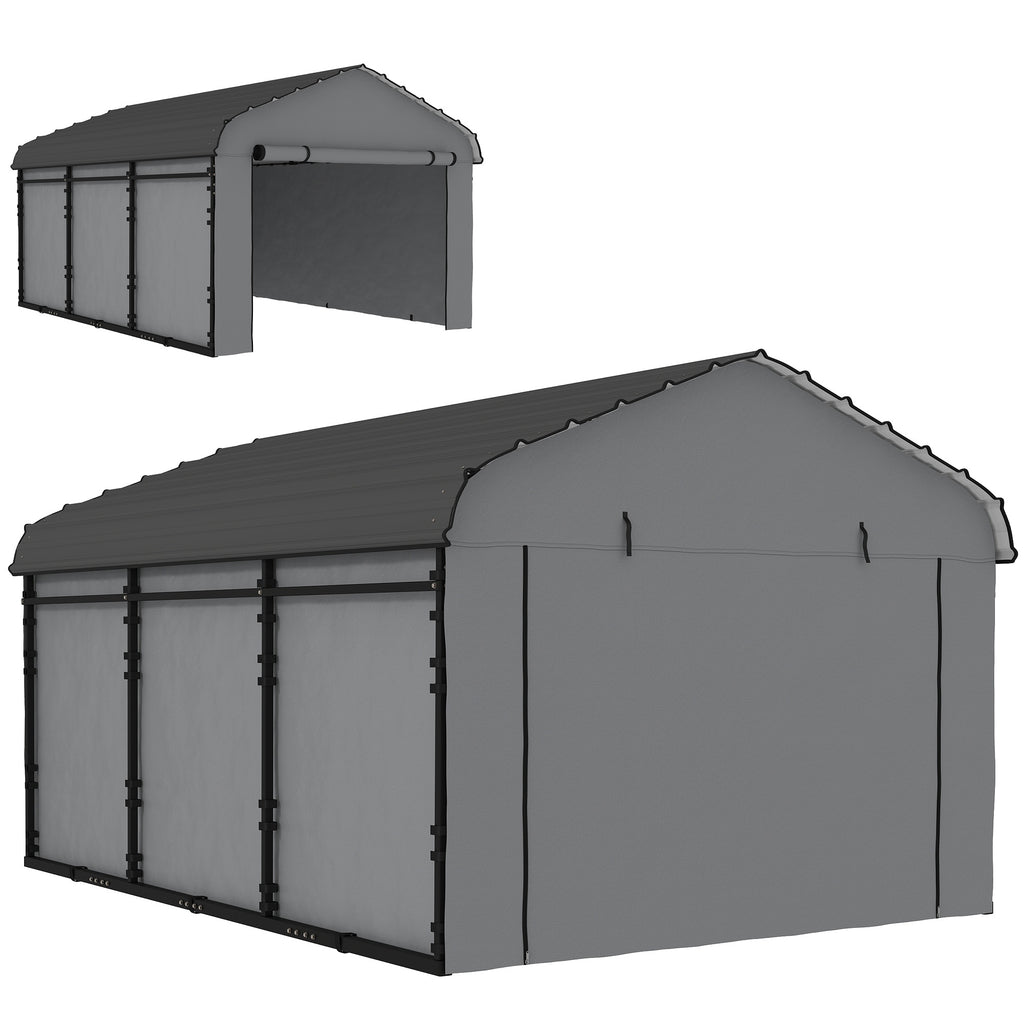 10' x 15' Metal Carport, Heavy Duty Garage Car Shelter with Galvanized Metal Roof and Removable Sidewalls, Light Grey