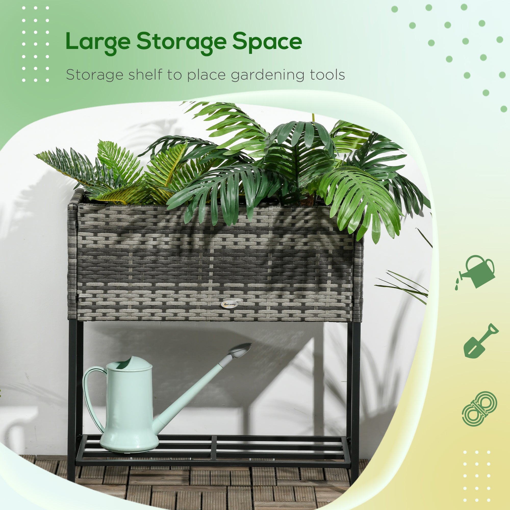 Rattan Raised Garden Boxes, Elevated Flower Beds with Storage Shelf for Herbs, Flowers, Vegetables, Mixed Grey
