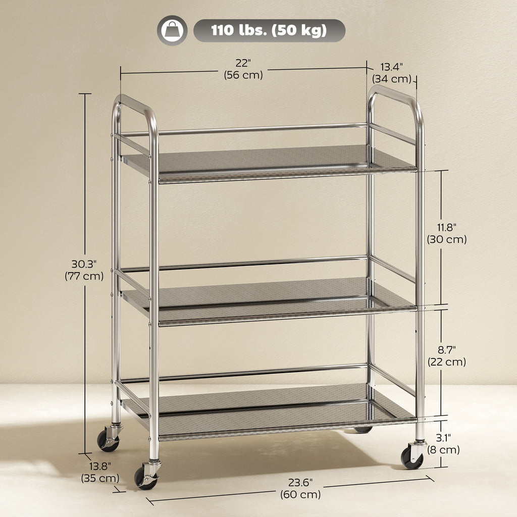 3 Tier Stainless Steel Rolling Cart with Adjustable Shelf, Utility Cart on Wheels with Handles for Kitchen, Silver
