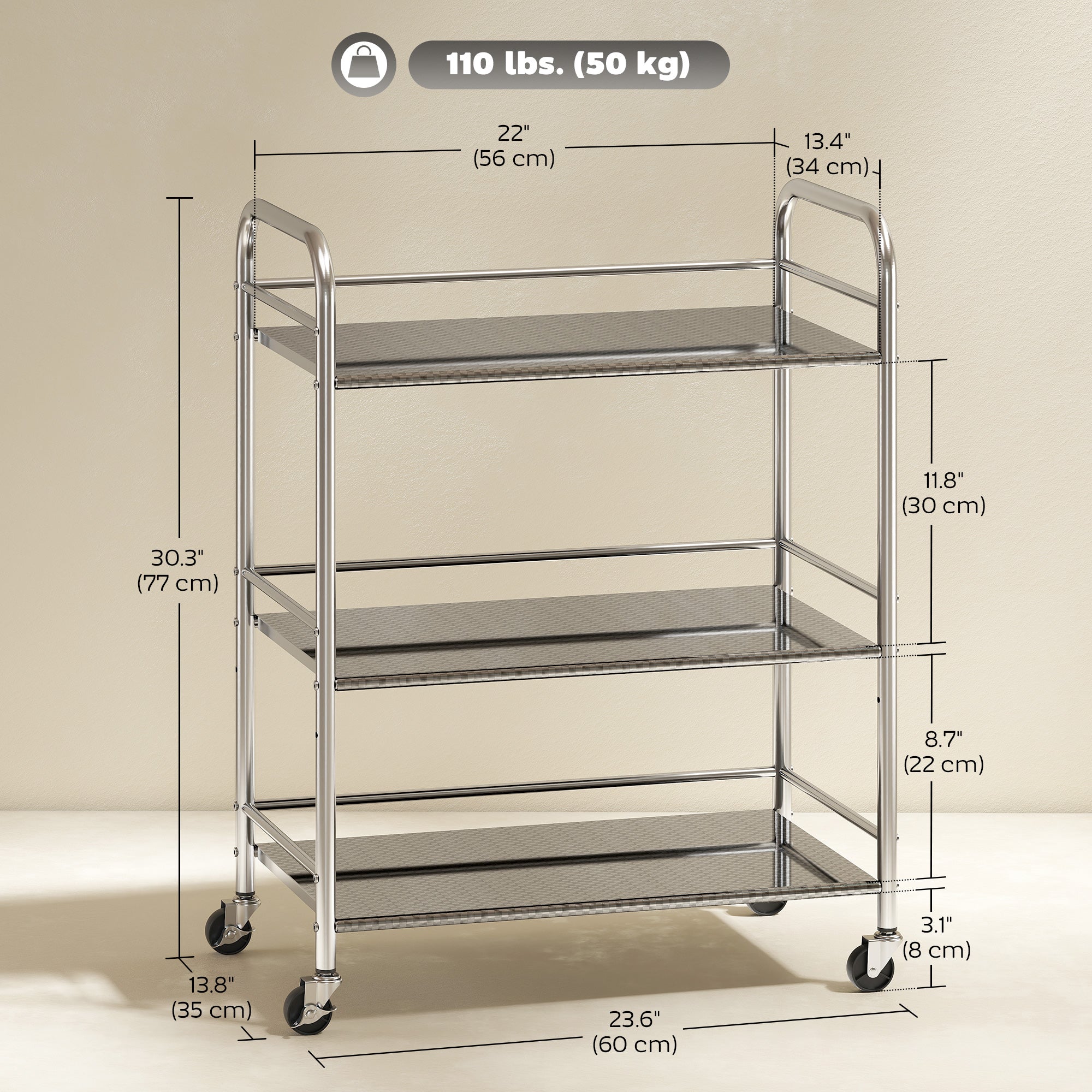 3 Tier Stainless Steel Rolling Cart with Adjustable Shelf, Utility Cart on Wheels with Handles for Kitchen, Silver