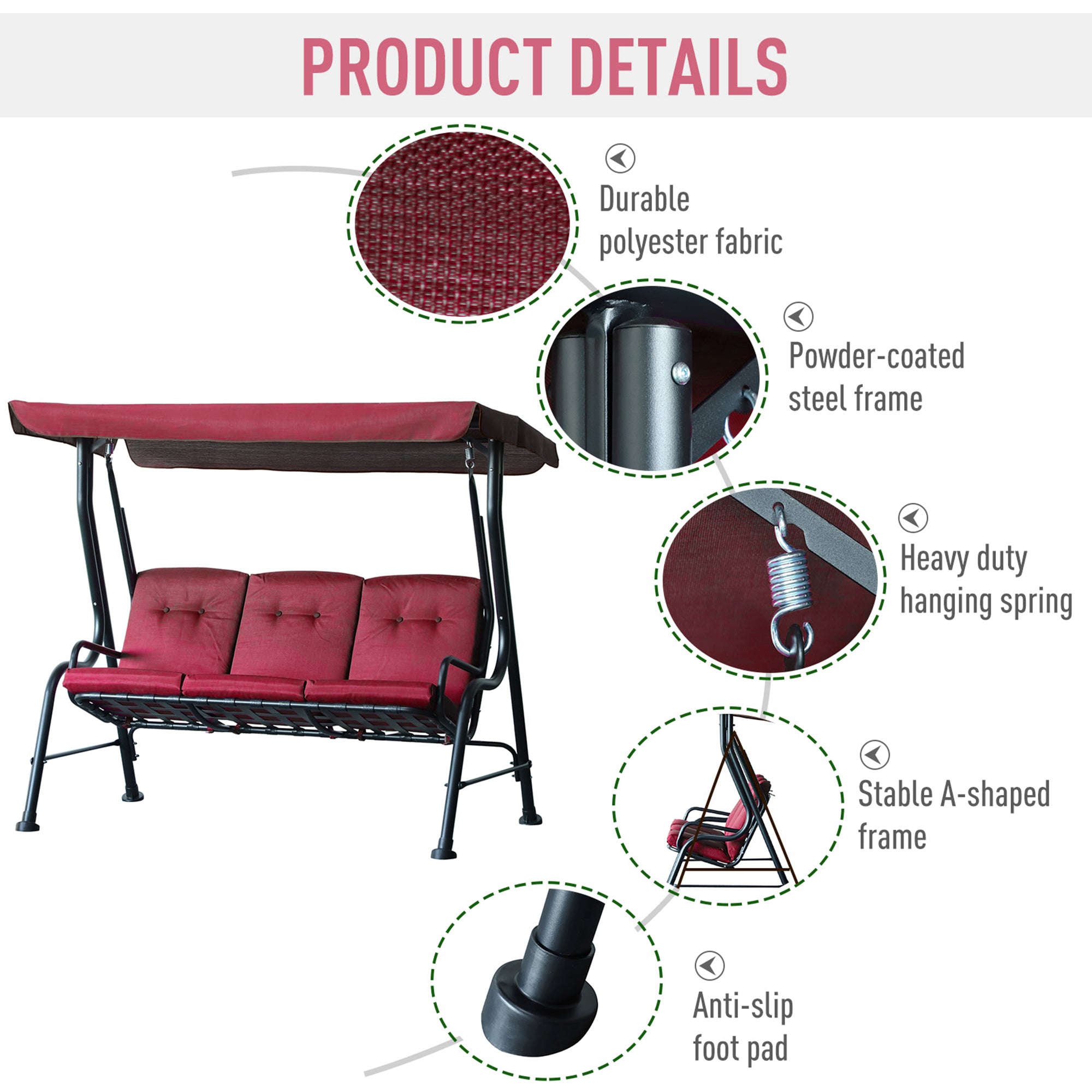 3-Person Porch Swing Chair, Patio Swing Bench with Adjustable Canopy, Removable Thicken Cushion and Weather Resistant Steel Frame for Outdoor, Garden, Poolside, Wine Red