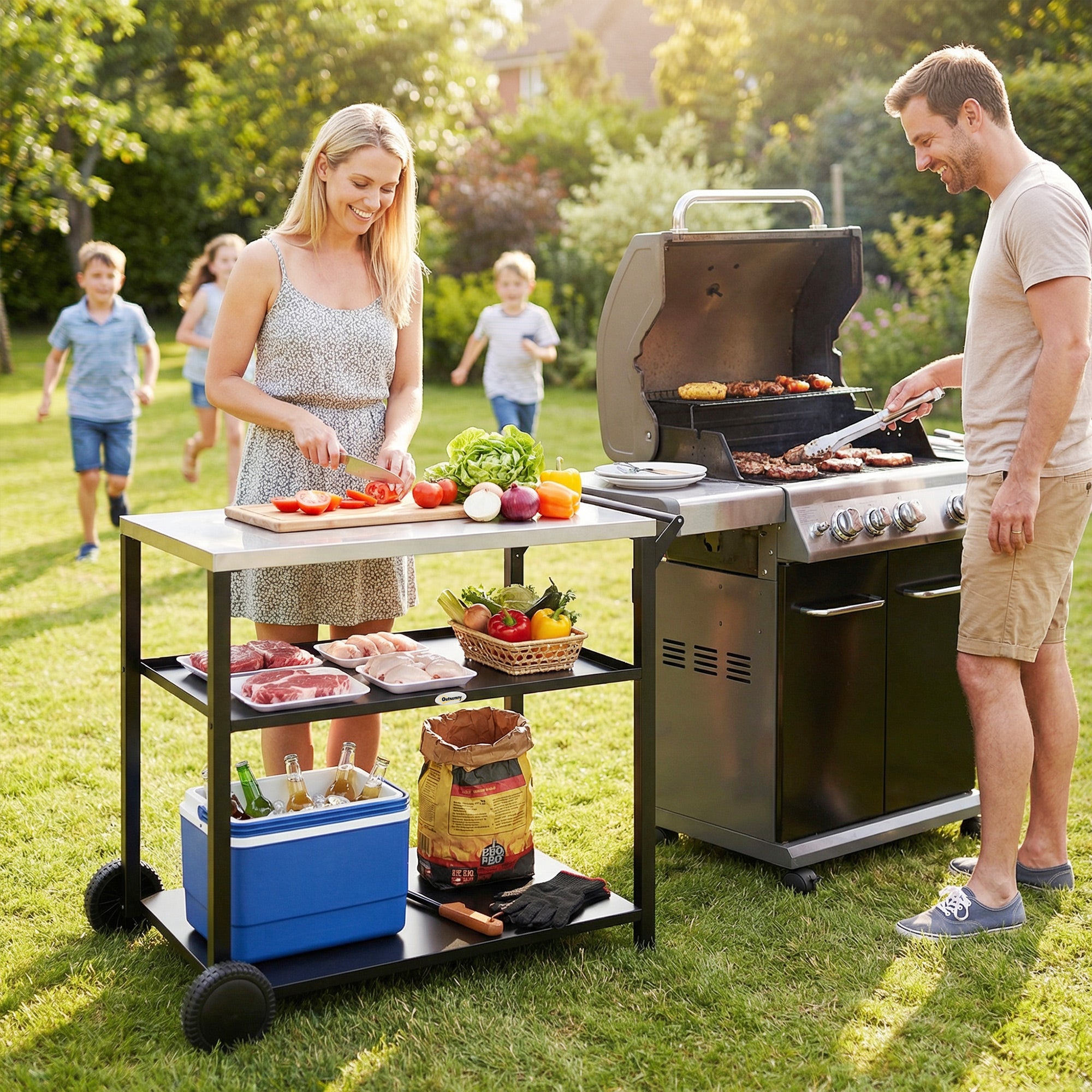 Outdoor Grill Cart with Stainless Steel Top, Three-Tier Pizza Oven Stand, BBQ Cart on Wheels, Black