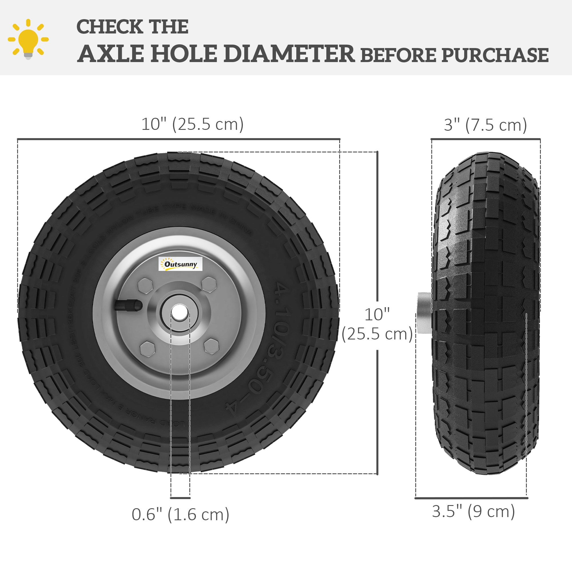 Set of 2 Pneumatic Wheels, 10" Wheelbarrow Wheels Replacement for Barn Carts, Hose Carts, Garden Carts, Black