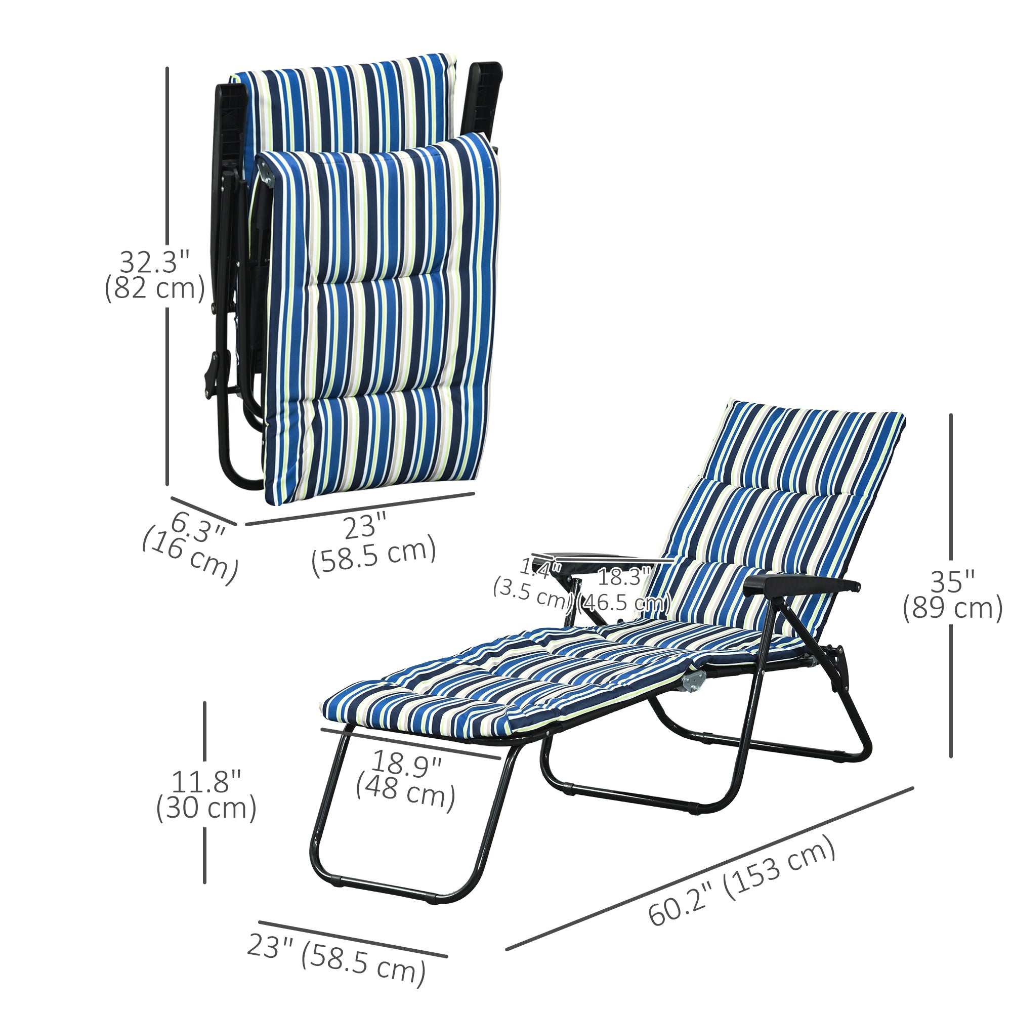 Foldable Lounge Chair, Reclining Patio Sun Lounger with 6-Position Adjustable Back, Blue and White
