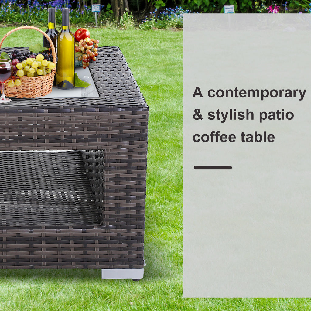 2-Tier Rattan Patio Coffee Table Wicker Patio Tea End Desk with Tempered Glass Top & Storage for Balcony, Backyard, Poolside