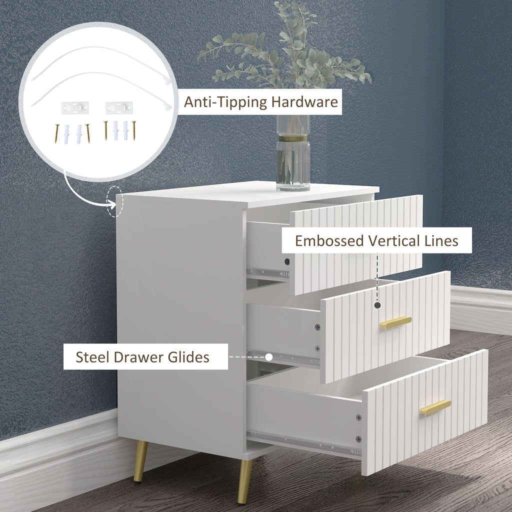 3 Drawer Cabinet, Drawer Chest for Bedroom, Chest of Drawers with Aluminium Legs and Gold Handles, White