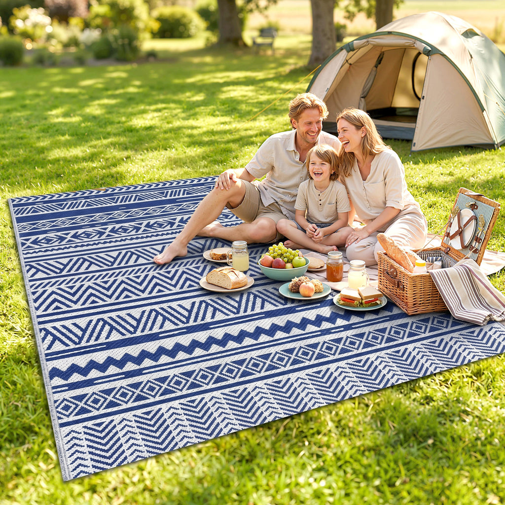 Reversible Outdoor Rug, Patio Floor Mat, 6'x9' Plastic Straw Rug for Backyard Deck, Beach, Camping, Dark Blue and White