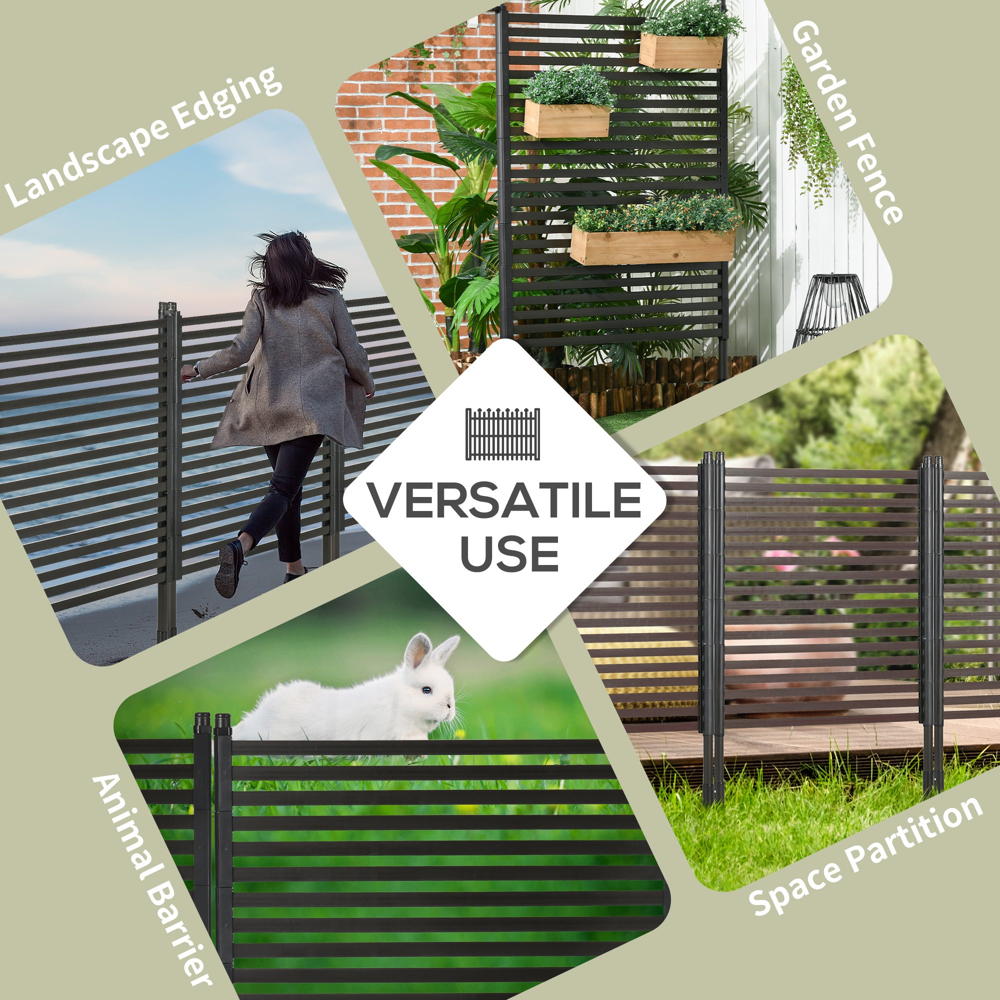 Picket Metal Garden Fence for Hard & Soft Ground, 5 ft(H) Standing Outdoor Fencing with Feet, Animal Barrier Flower Bed Landscape Edging, Brown