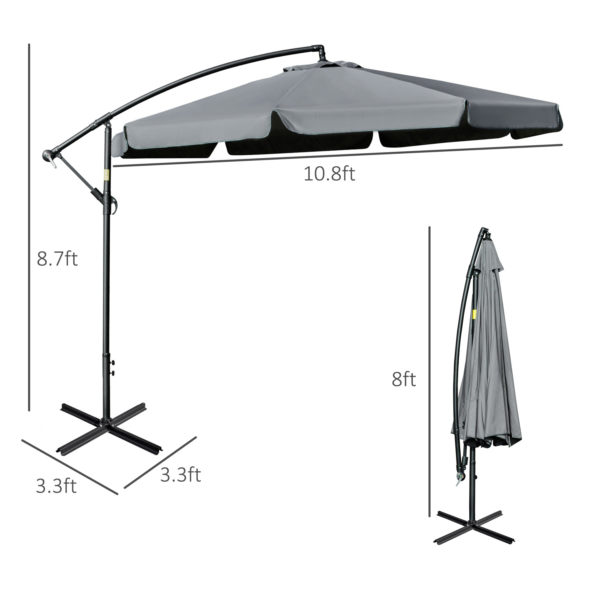 11FT Offset Hanging Patio Umbrella Cantilever Umbrella with Easy Tilt Adjustment, Cross Base and 8 Ribs for Backyard, Poolside, Lawn and Garden, Dark Grey