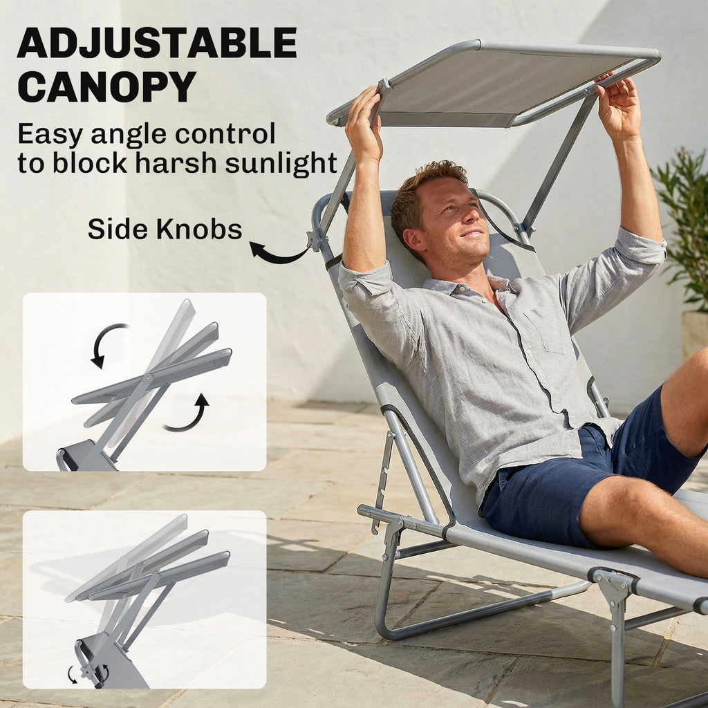 Outdoor Lounge Chair, Adjustable Folding Chaise Lounge, Tanning Chair with Sun Shade for Beach, Camping, Hiking, Backyard, Light Grey
