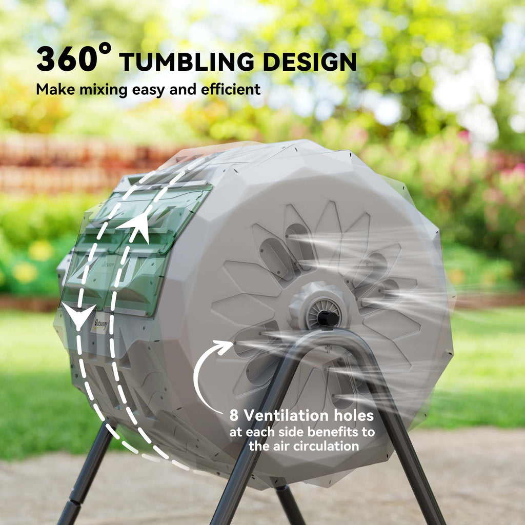 Tumbling Compost Bin Outdoor Dual Chamber 360Â° Rotating Composter 43 Gallon with Sliding Doors, Dark Green