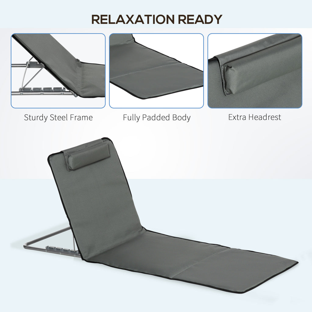 Set of 2 Sun Lounger Beach Mat Folding Lounge Chair Mat with Adjustable Back Steel Frame Head Pillow Carry Bag Grey