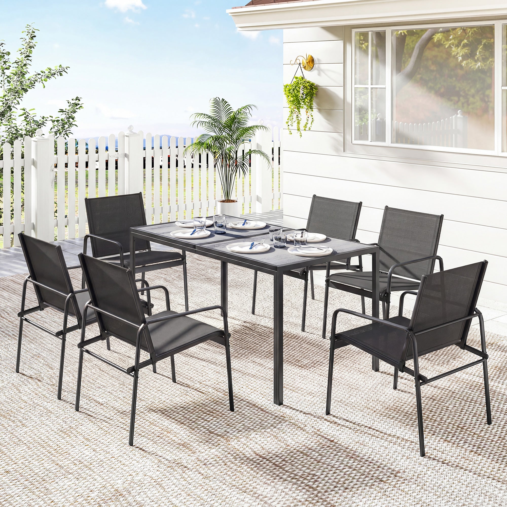 Outdoor Dining Set for 6, Faux Wood Patio Table and Chairs with Breathable Mesh Seat, Galvanized Steel Frame, Black
