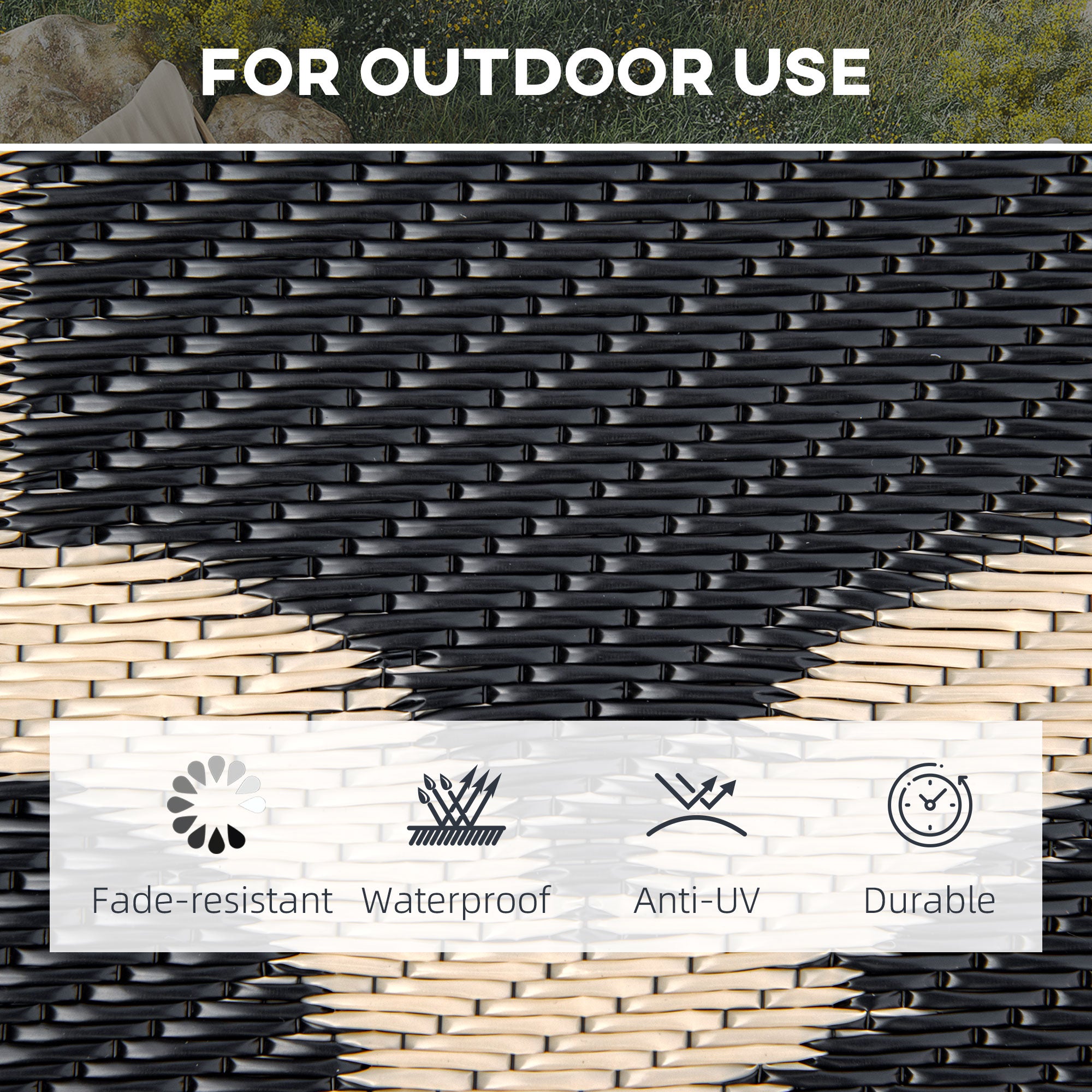 Reversible Outdoor RV Rug, 9' x 18' Patio Floor Mat, Plastic Straw Rug for Backyard, Deck, Picnic, Beach, Camping, Black and Beige