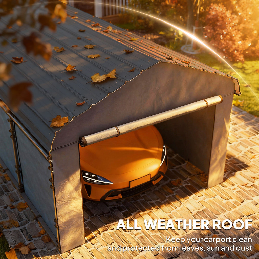 10' x 15' Metal Carport, Heavy Duty Garage Car Shelter with Galvanized Metal Roof and Removable Sidewalls, Light Grey