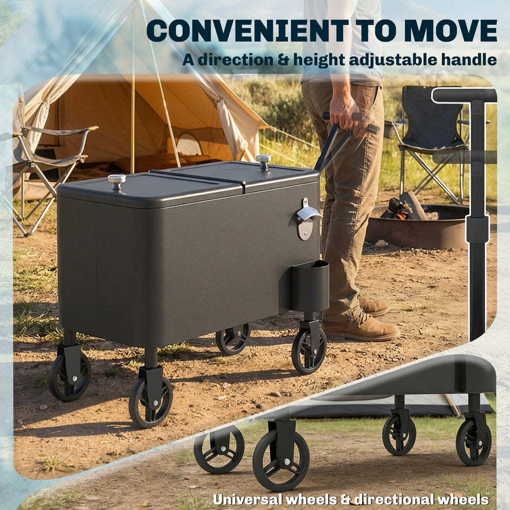 60-Qt Outdoor Patio Cooler Cart, Rolling Ice Chest with Adjustable Handle, Wheels, Bottle Opener, Drainage, Black