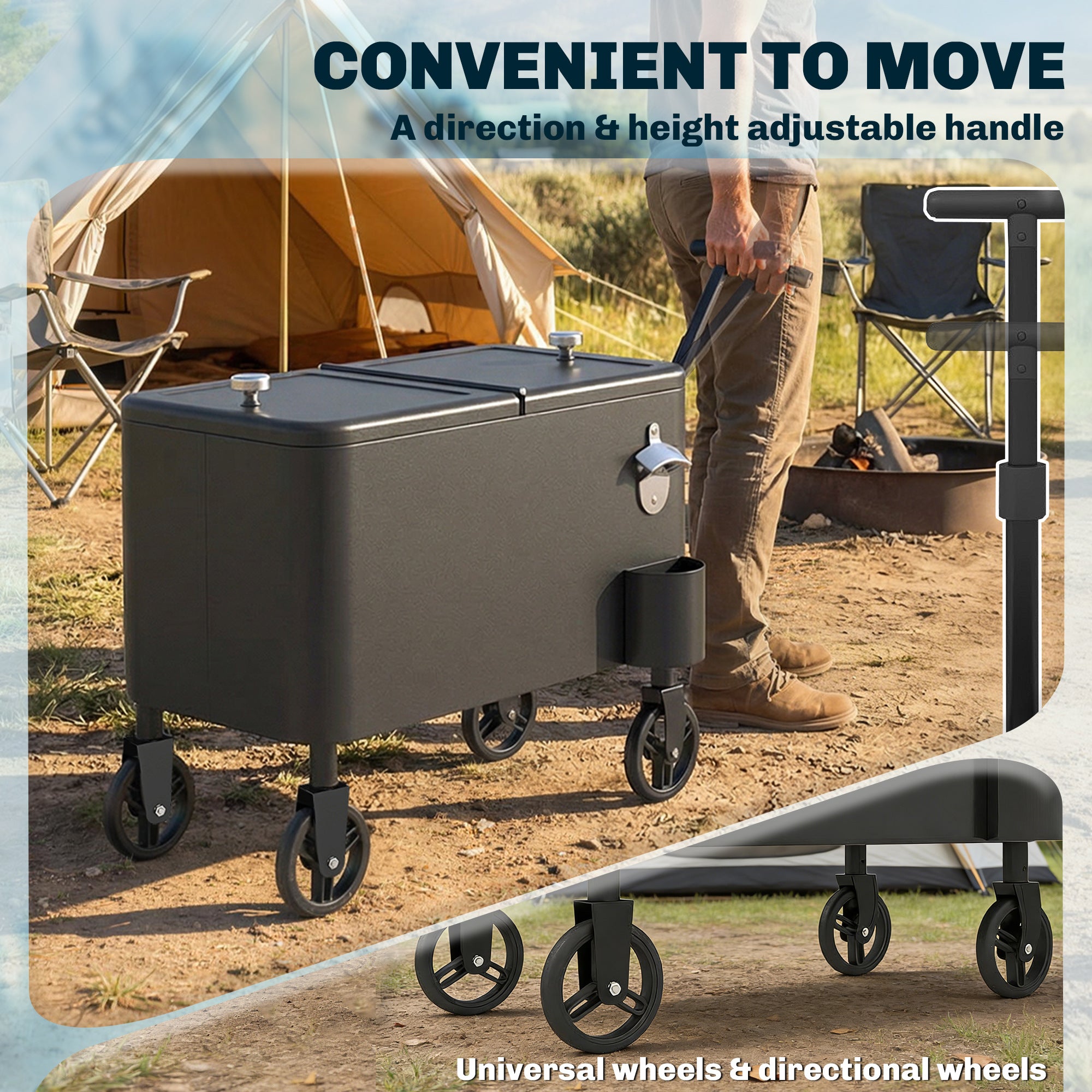 60-Qt Outdoor Patio Cooler Cart, Rolling Ice Chest with Adjustable Handle, Wheels, Bottle Opener, Drainage, Black