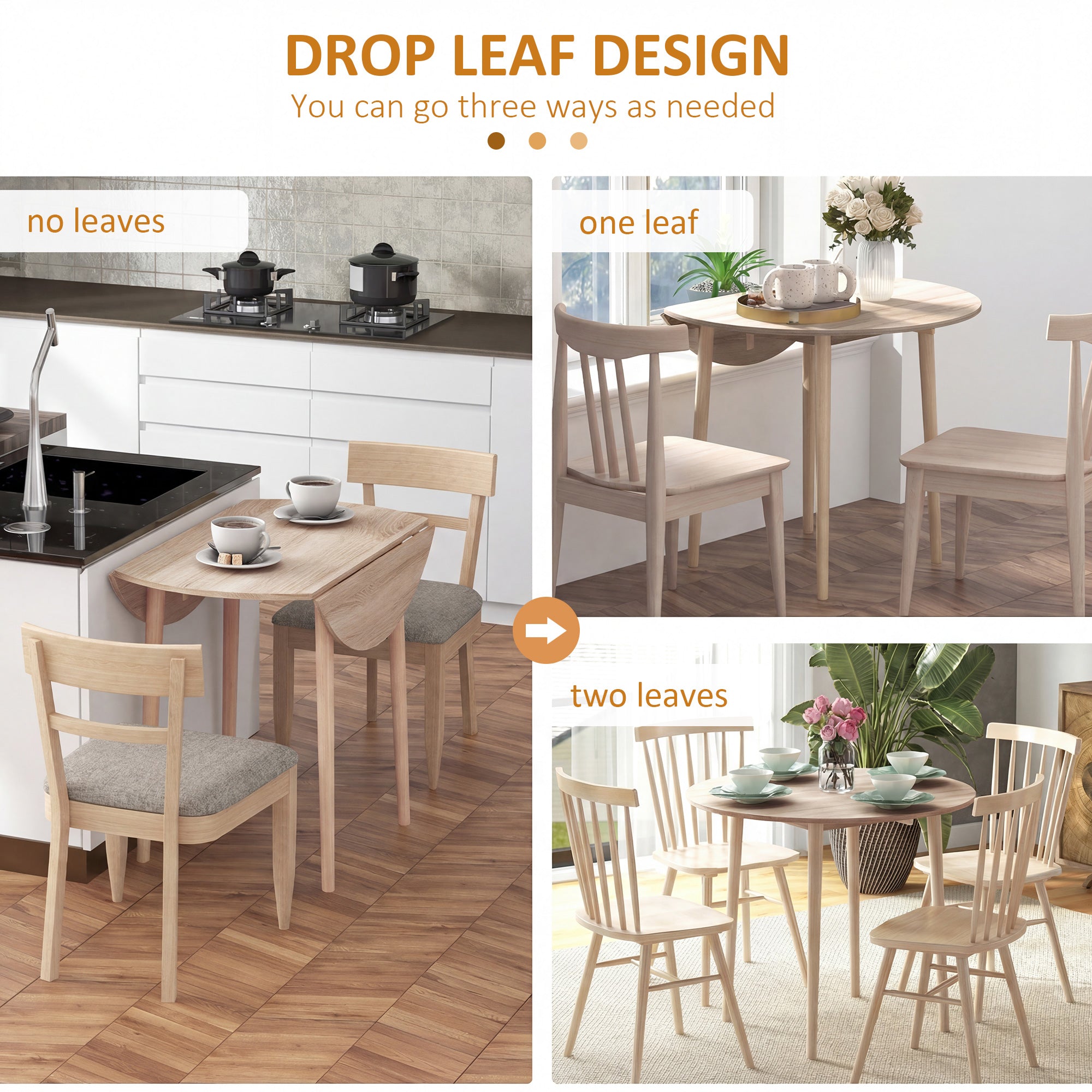 Folding Dining Table, Round Drop Leaf Kitchen Table for Small Spaces with Wood Legs, Oak