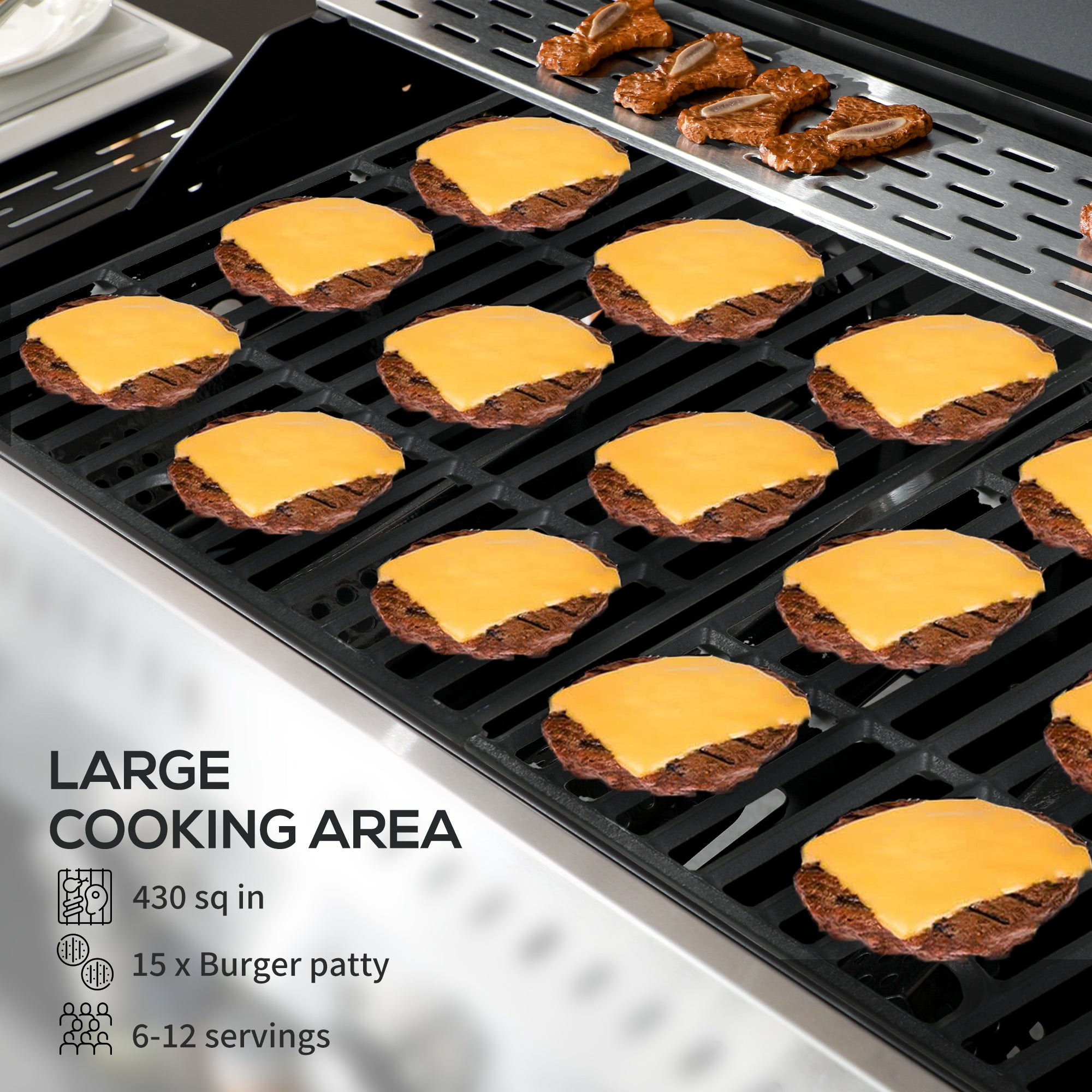 40,000 BTU Propane Gas Grill BBQ Cart with 4 Main Burners, 1 Side Burner, with Warming Rack, Side Prep Tables, Black