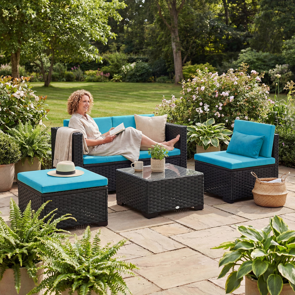 5 Piece Patio Furniture Set, L-Shape Wicker Outdoor Sectional with 3 Chairs, Ottoman, Glass Table, Cushions, Turquoise