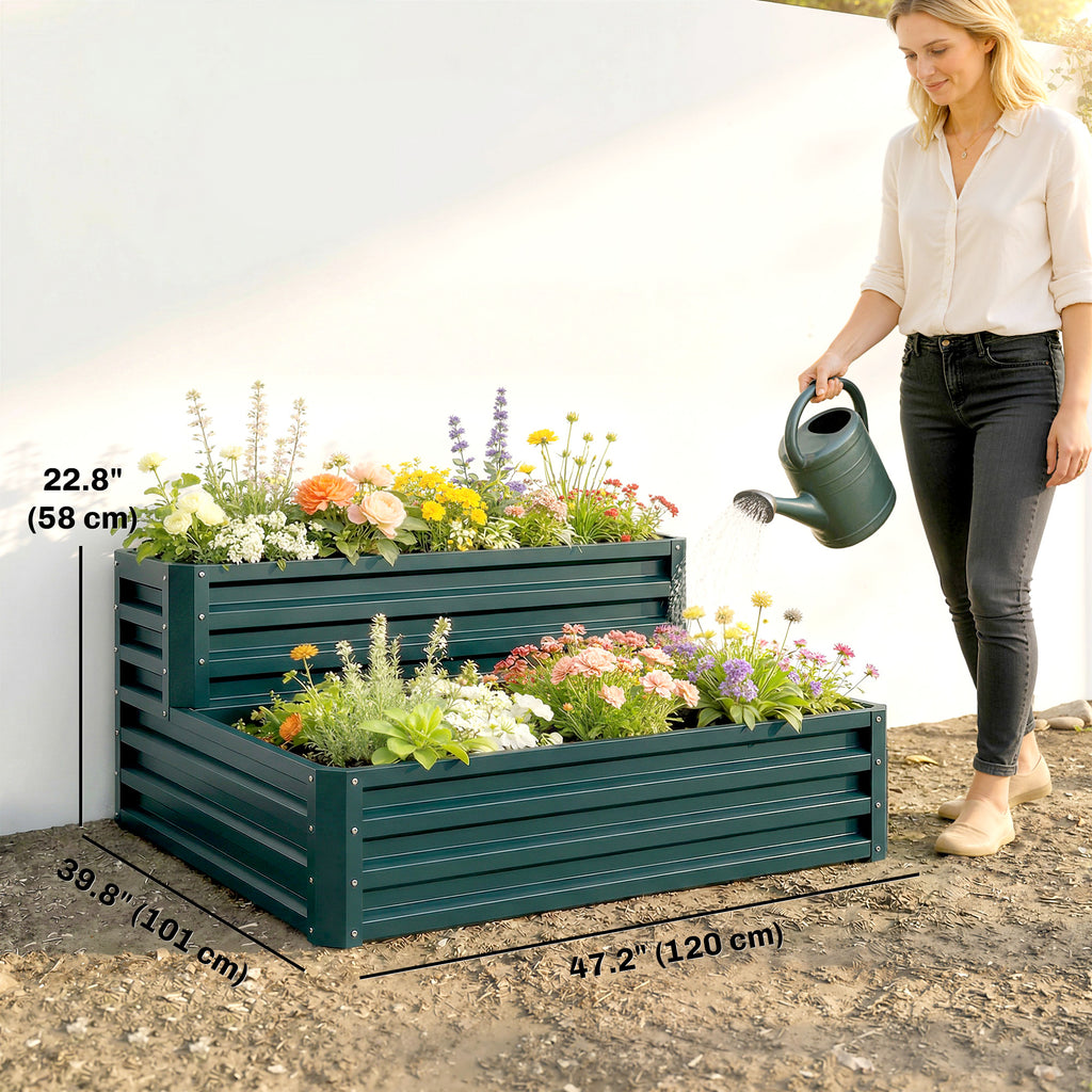 2 Tier Galvanized Raised Garden Bed, Steel Planter Box for Vegetables, Flowers, Herbs, 47" x 40" x 23", Green