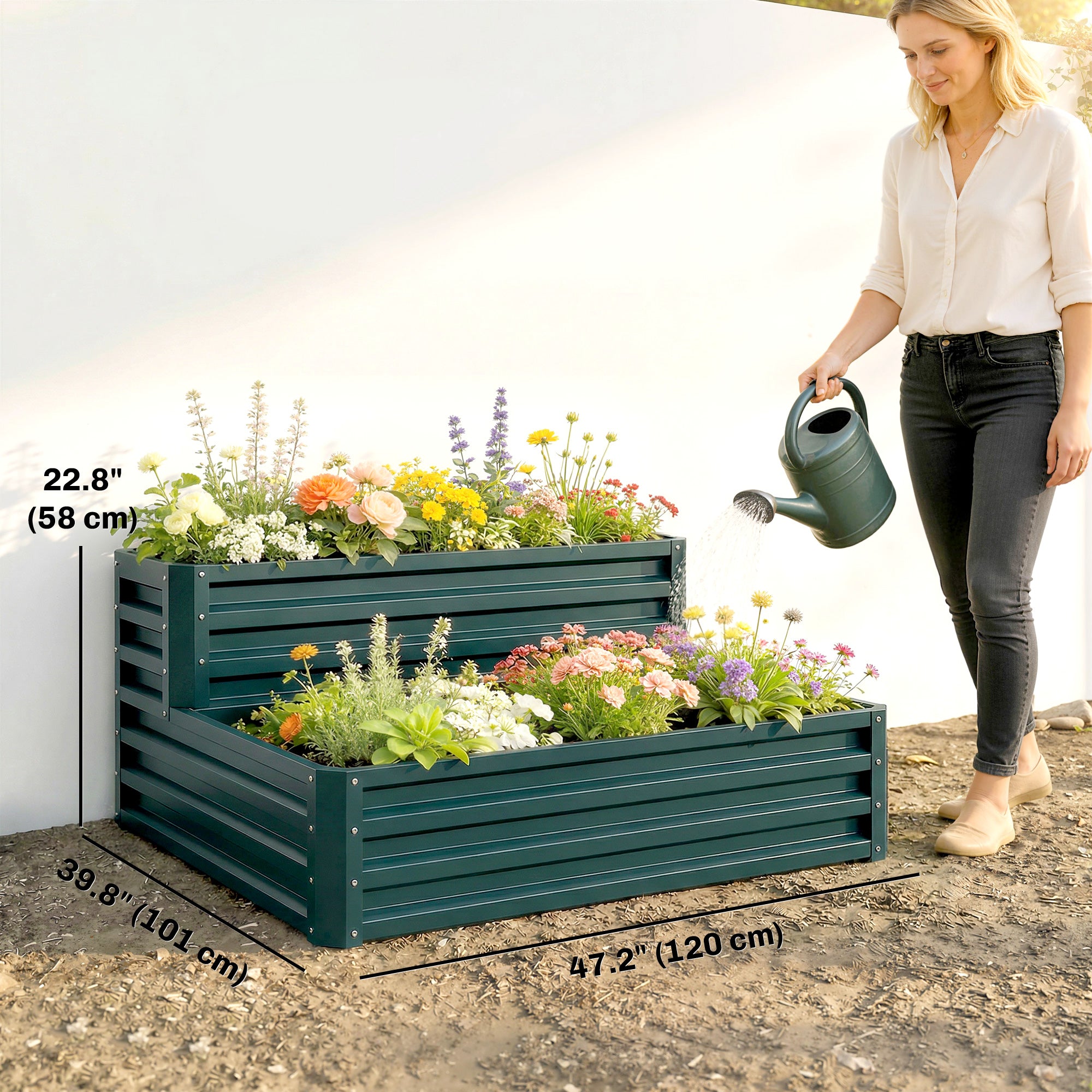 2 Tier Galvanized Raised Garden Bed, Steel Planter Box for Vegetables, Flowers, Herbs, 47" x 40" x 23", Green
