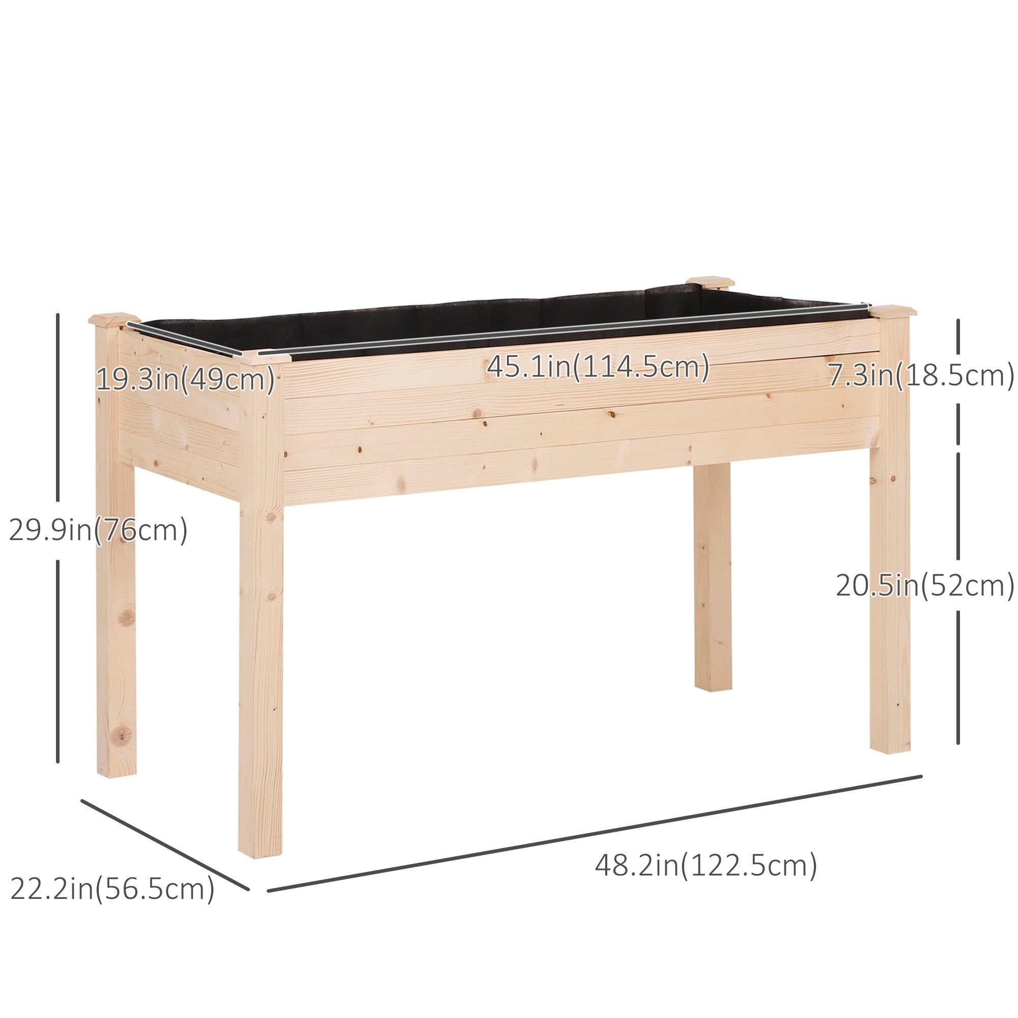 48" x 22" x 30" Wooden Patio Raised Garden Bed Planter, Elevated Planter Box with Legs, Outdoor Flower Stand with Inner Bag, Natural Wood Colour
