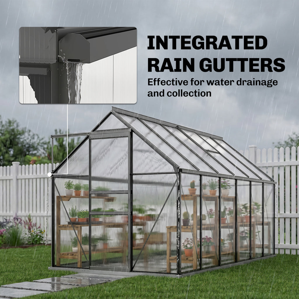 6' x 12' x 6.5' Polycarbonate Greenhouse, Walk-in Green House with Aluminum Frame Adjustable Roof Vent Galvanized Base Sliding Door Rain Gutter for Outdoor Garden, Grey