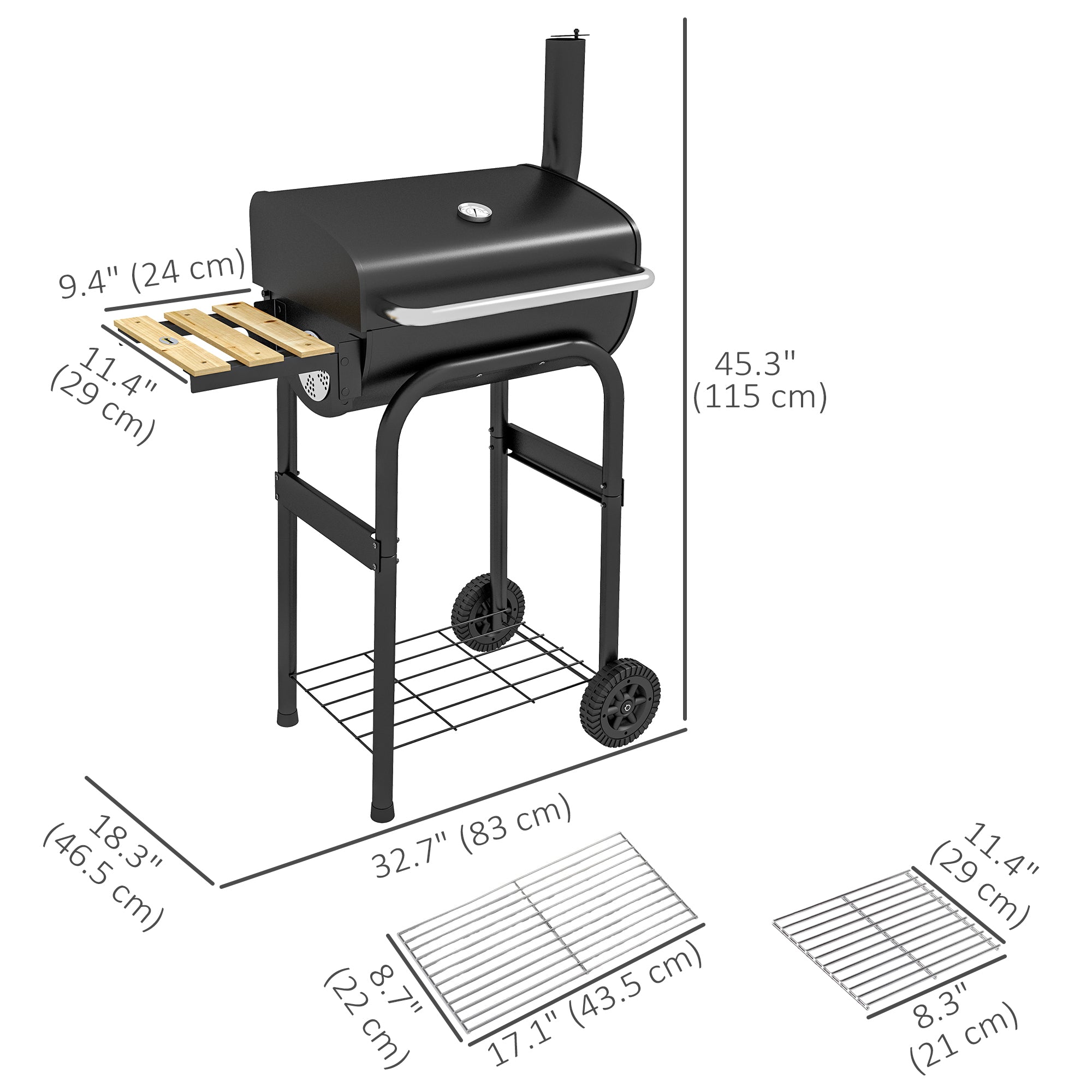 Charcoal Barbecue Grill, BBQ with Thermometer, Shelves and Wheels, Black